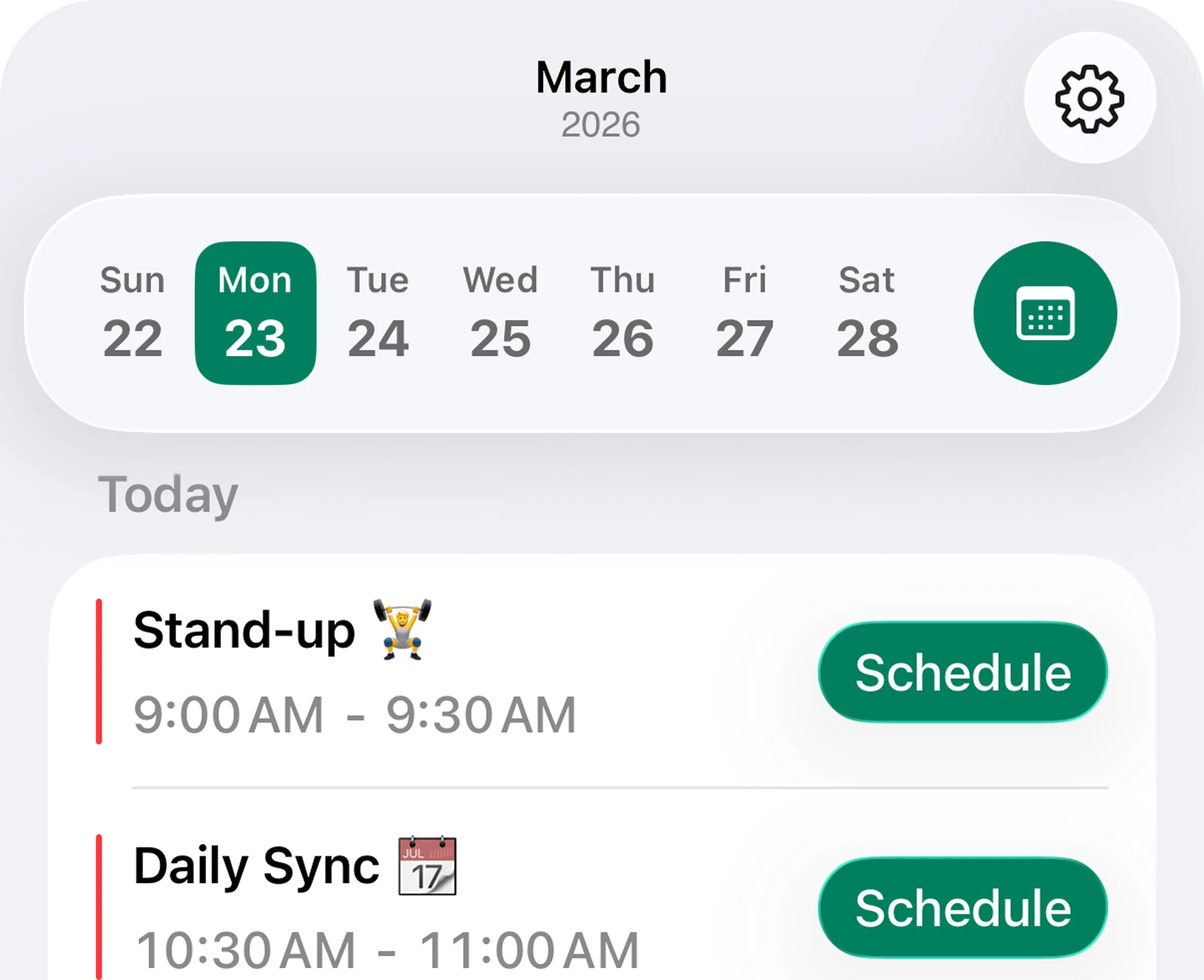 Alarmate calendar view showing work events that can become alarms
