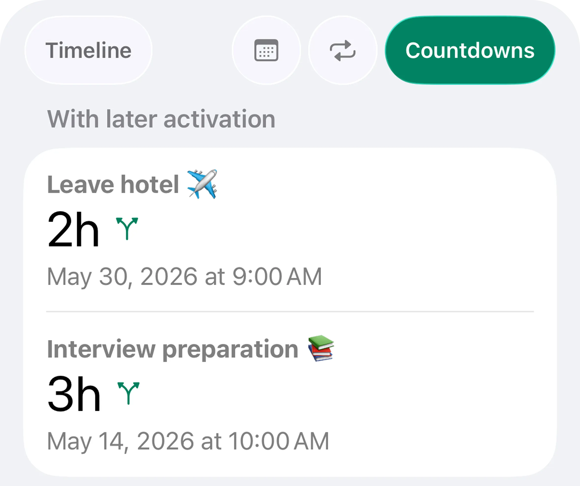 Alarmate countdown alarms displayed on iPhone