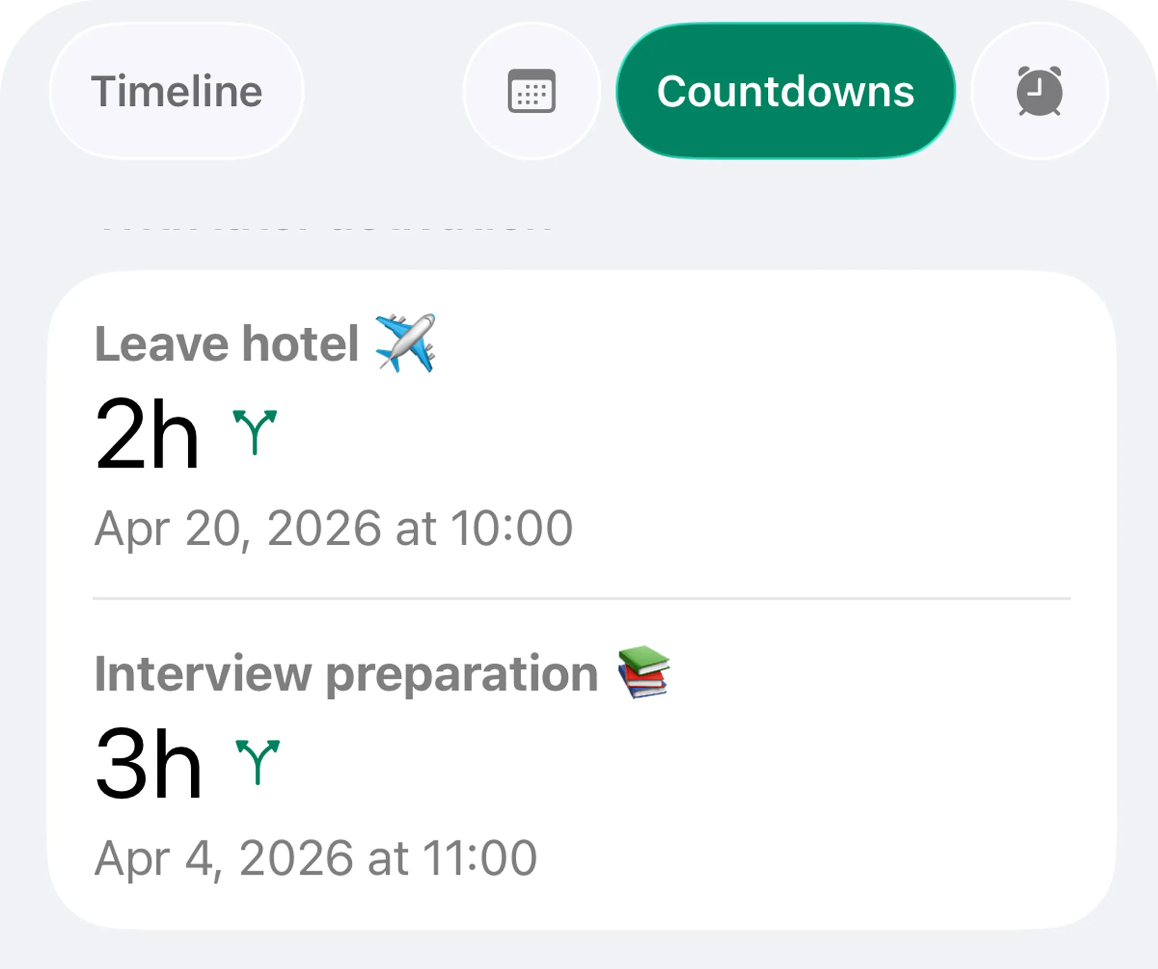 Alarmate countdown alarms displayed on iPhone