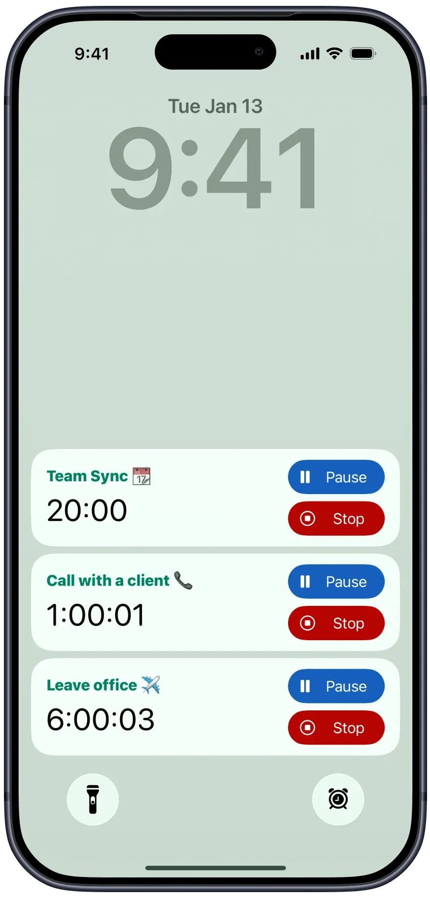 Alarmate lock screen countdown shown on an iPhone