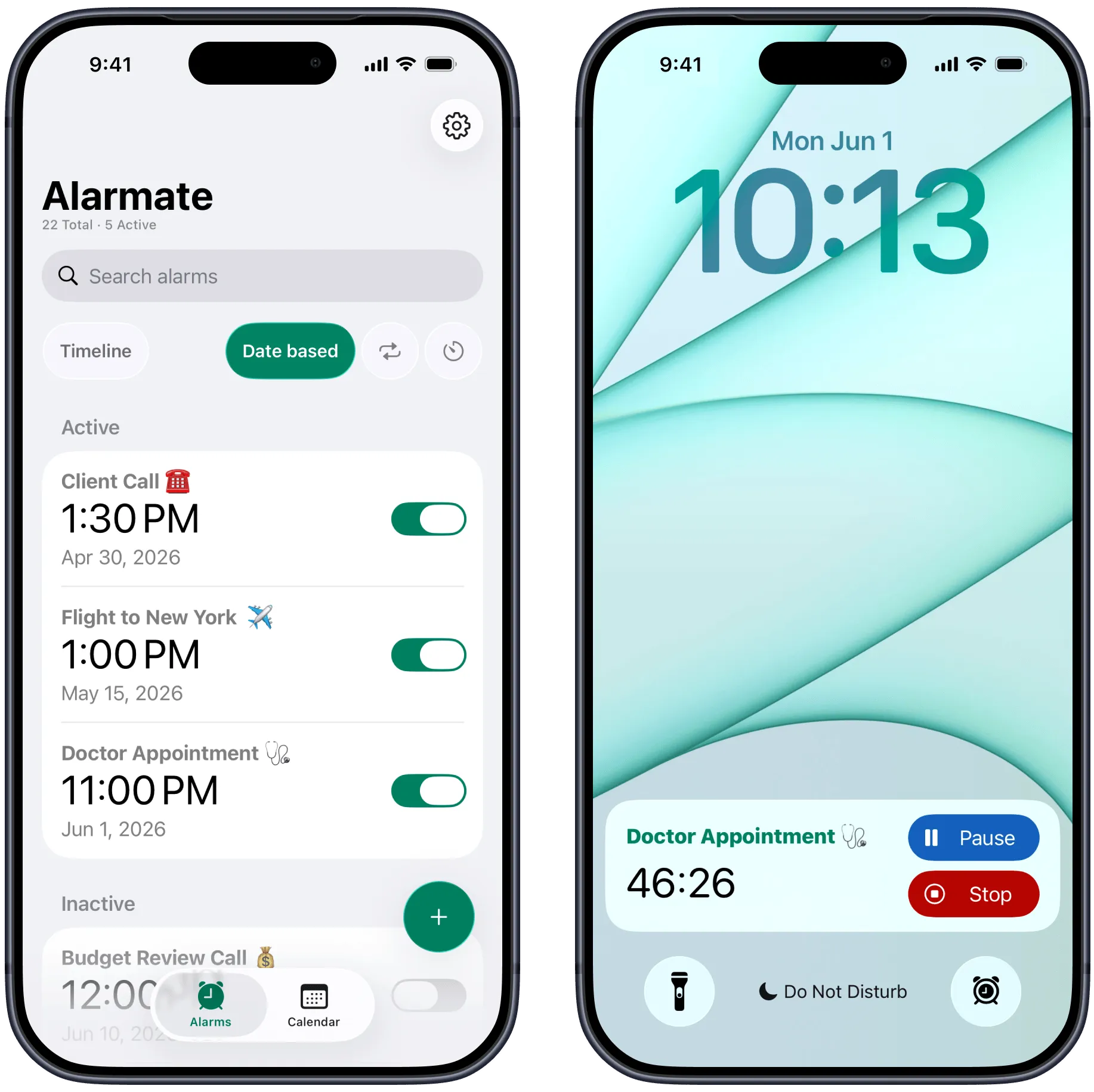 Alarmate future date countdown alarms shown on iPhone