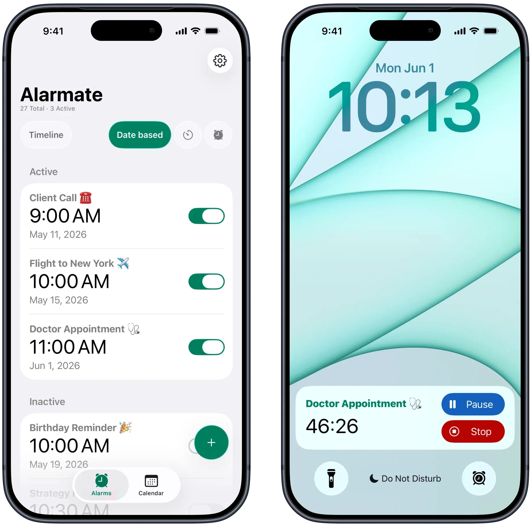 Alarmate future date countdown alarms shown on iPhone