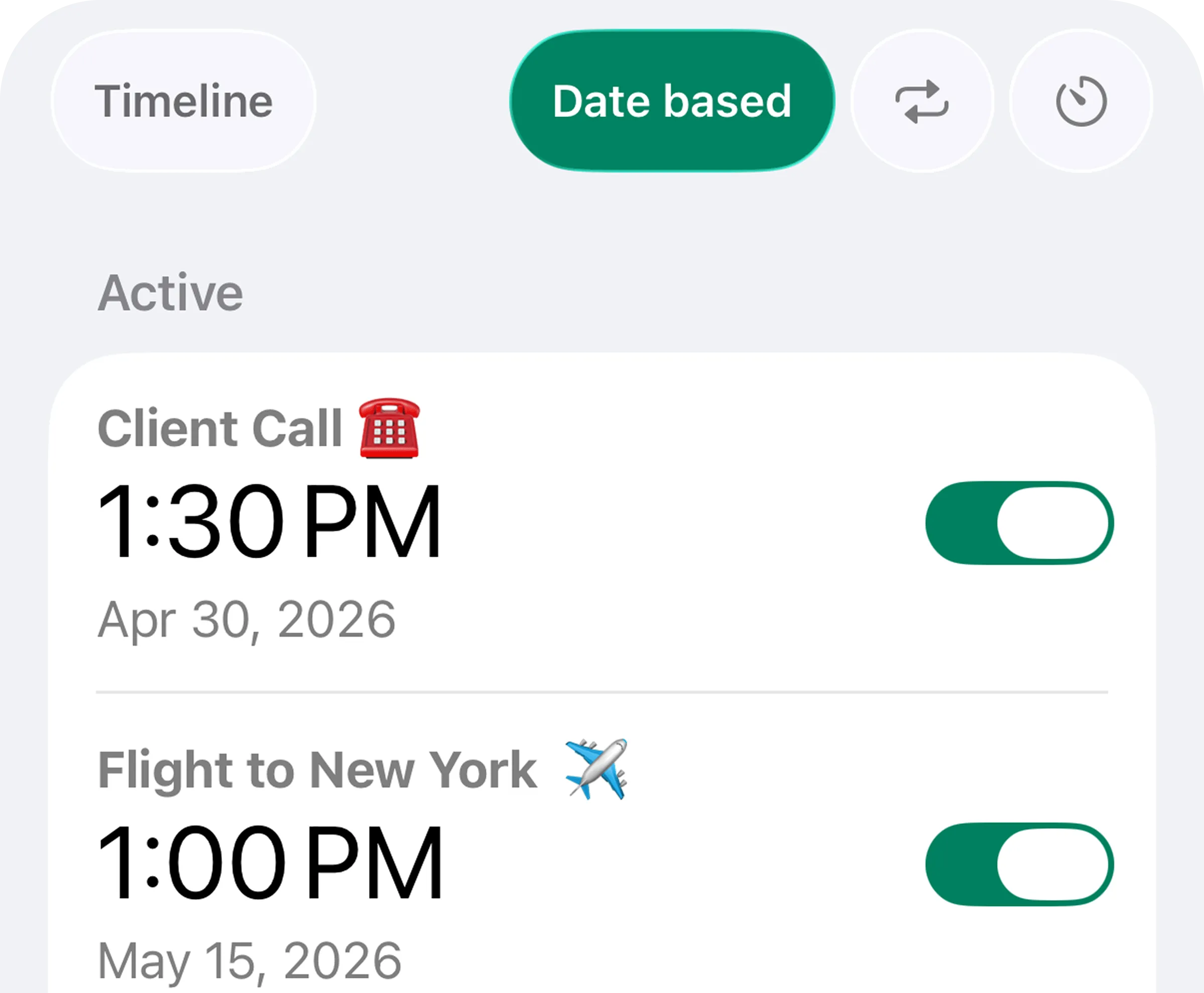 Alarmate date-based alarm screens showing future alarms on iPhone