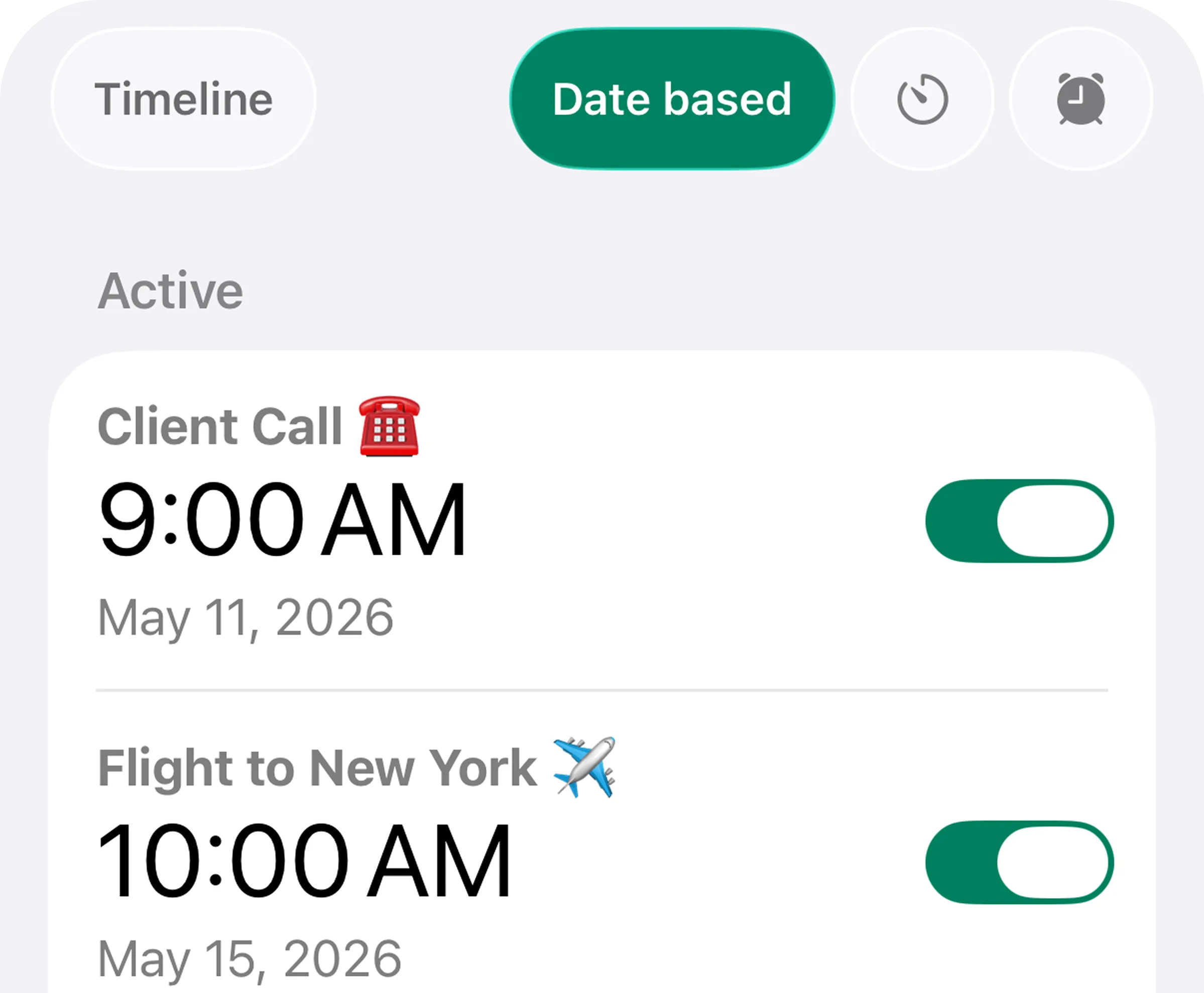 Alarmate date-based alarm screens showing future alarms on iPhone