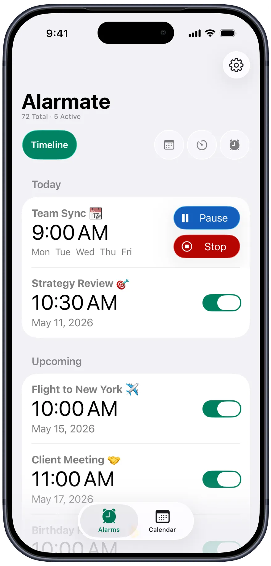 Alarmate iPhone timeline showing today's alarms