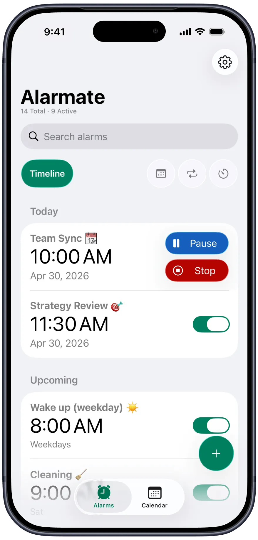 Alarmate iPhone timeline showing today's alarms