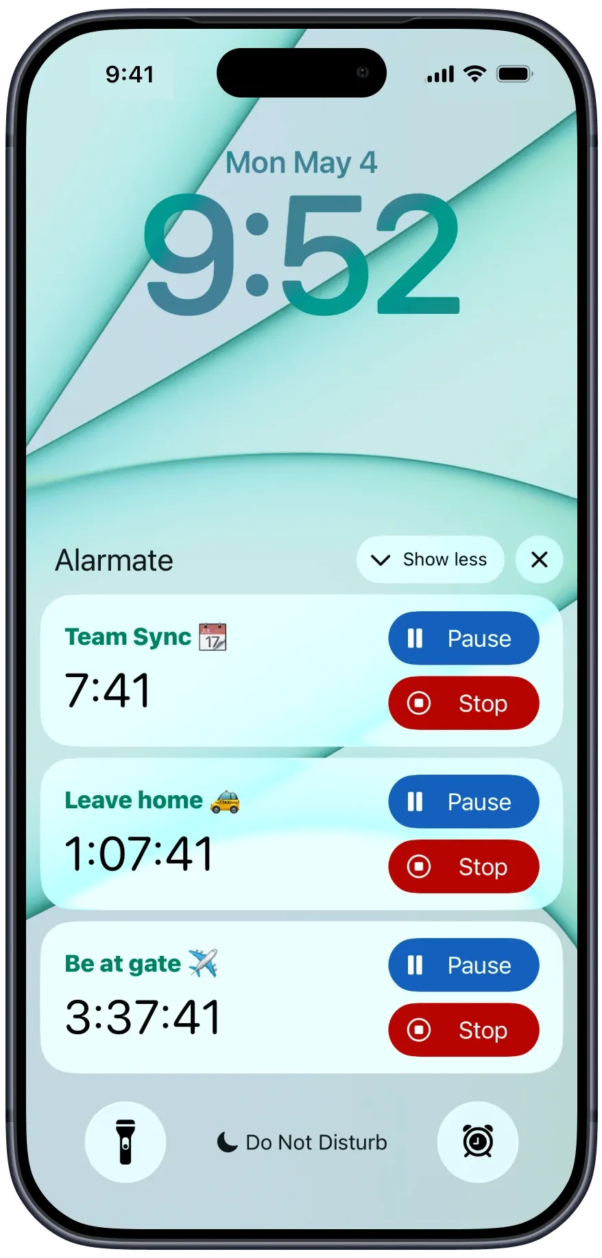 Alarmate lock screen countdown shown on an iPhone