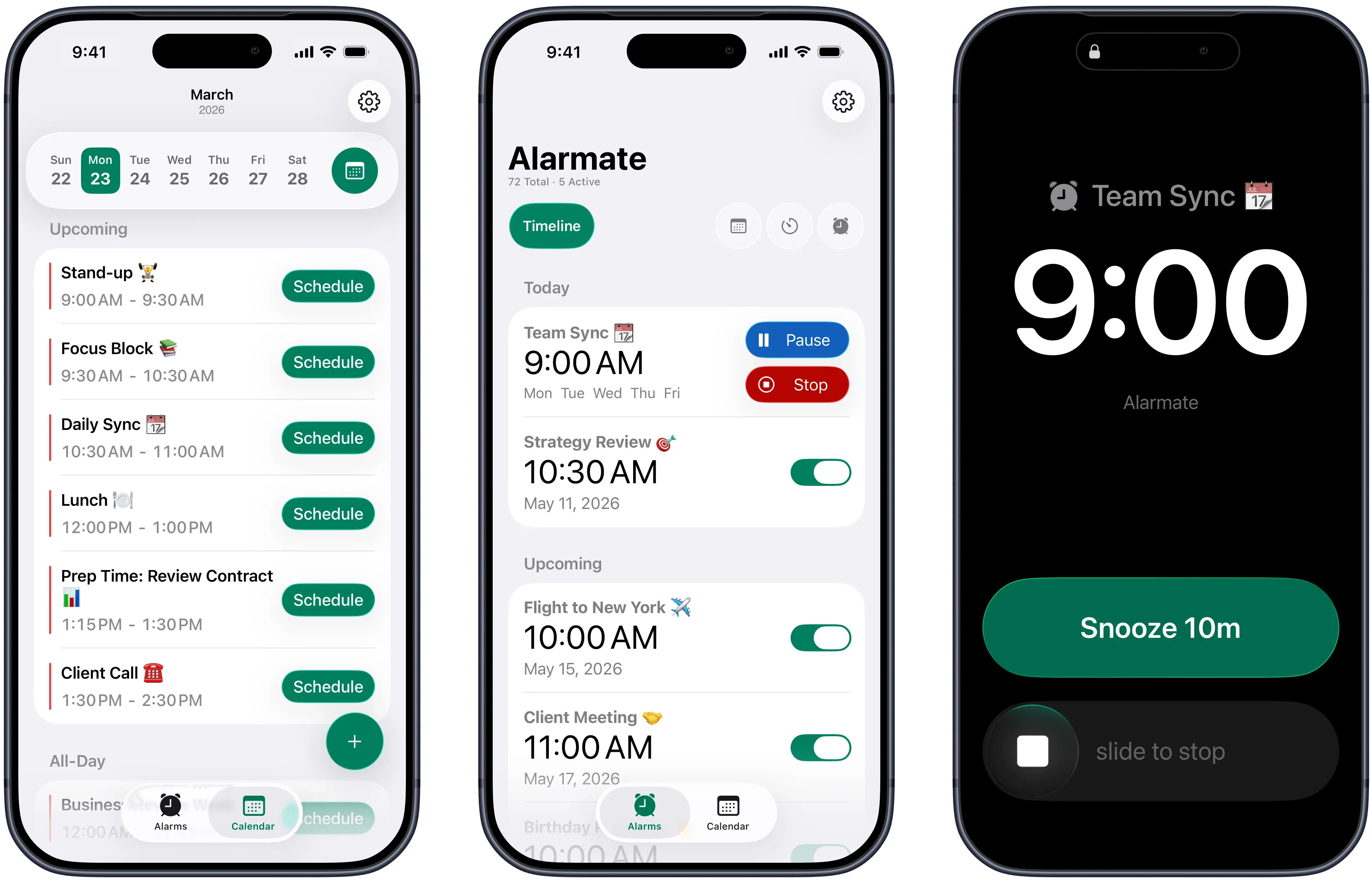 Alarmate screens showing meeting alarms and calendar events
