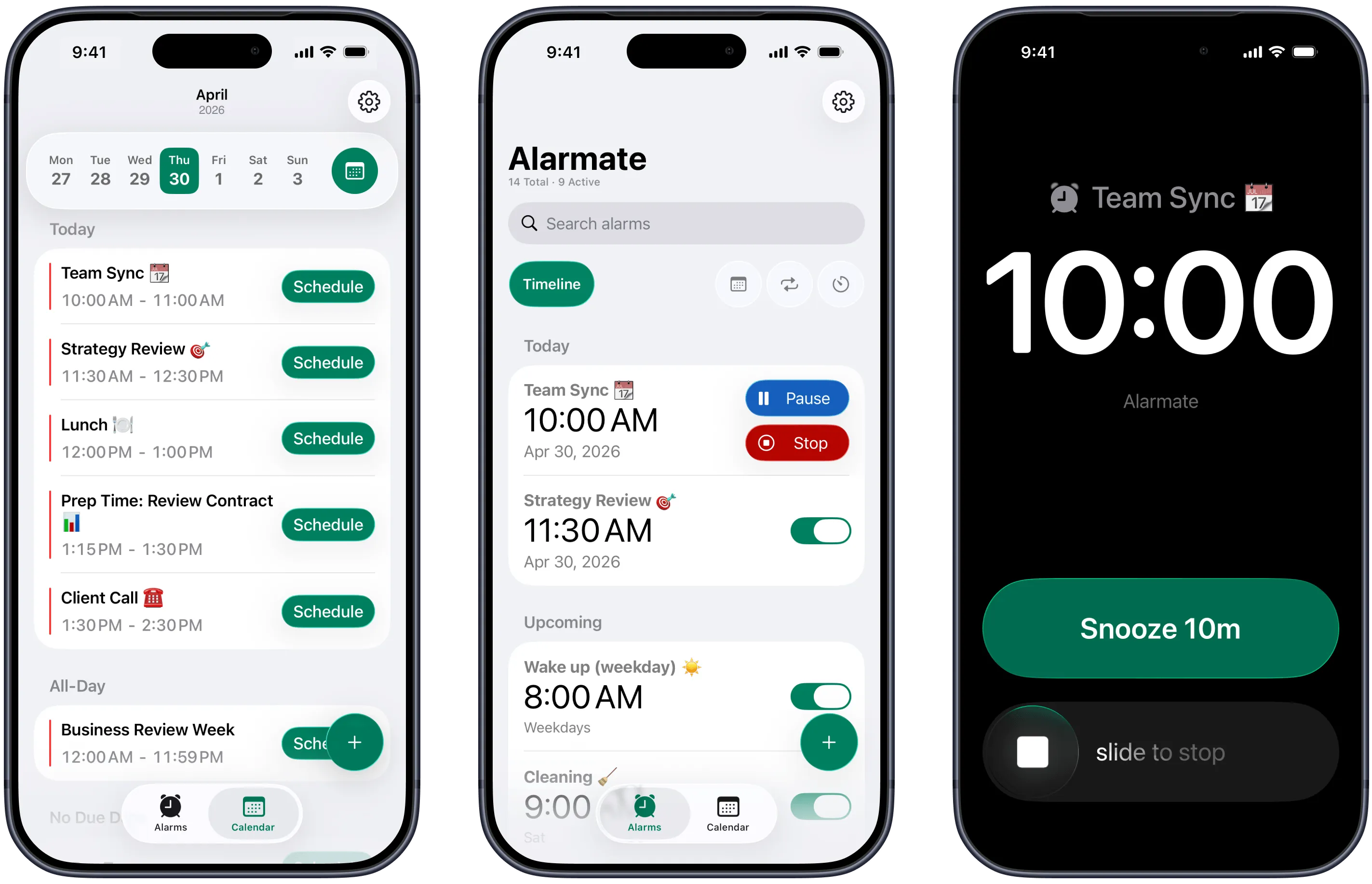 Alarmate screens showing meeting alarms and calendar events