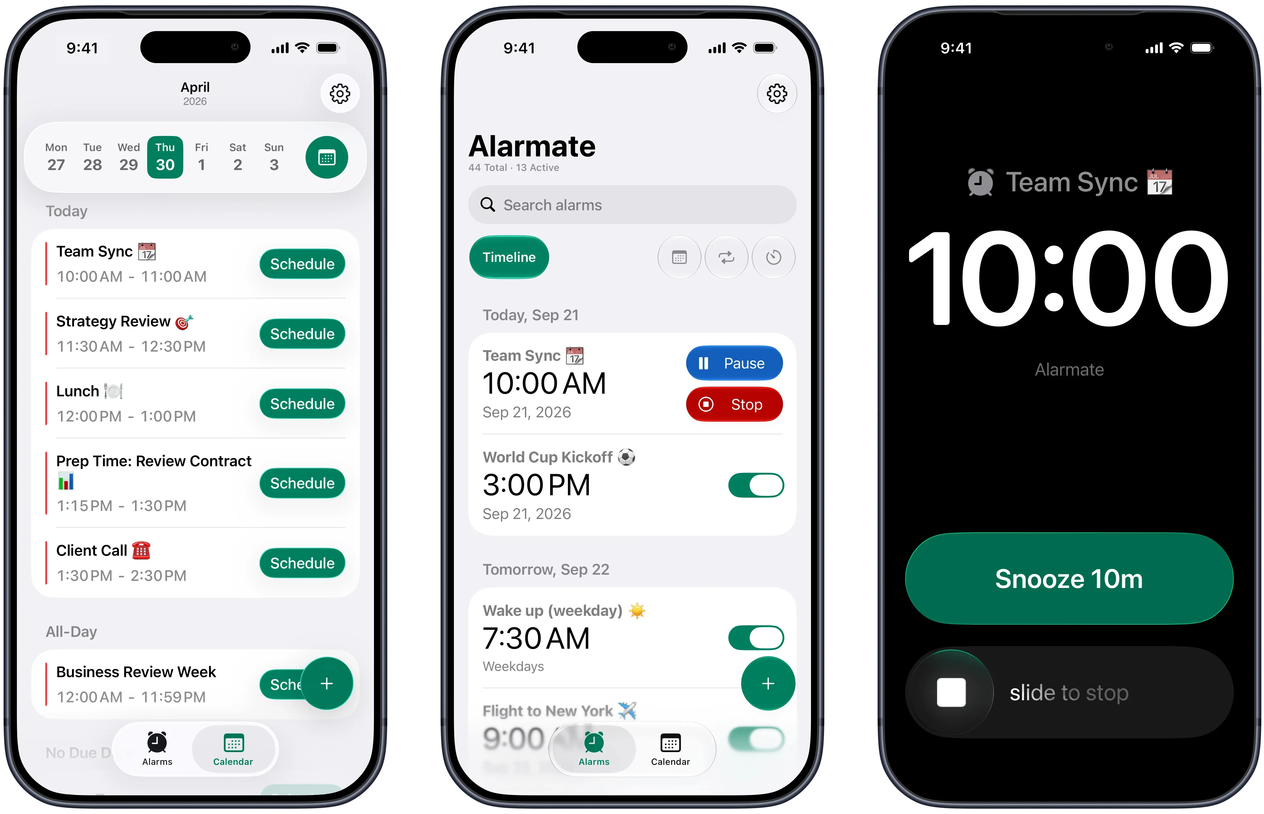 Alarmate screens showing meeting alarms, a calendar schedule, and a ringing alarm