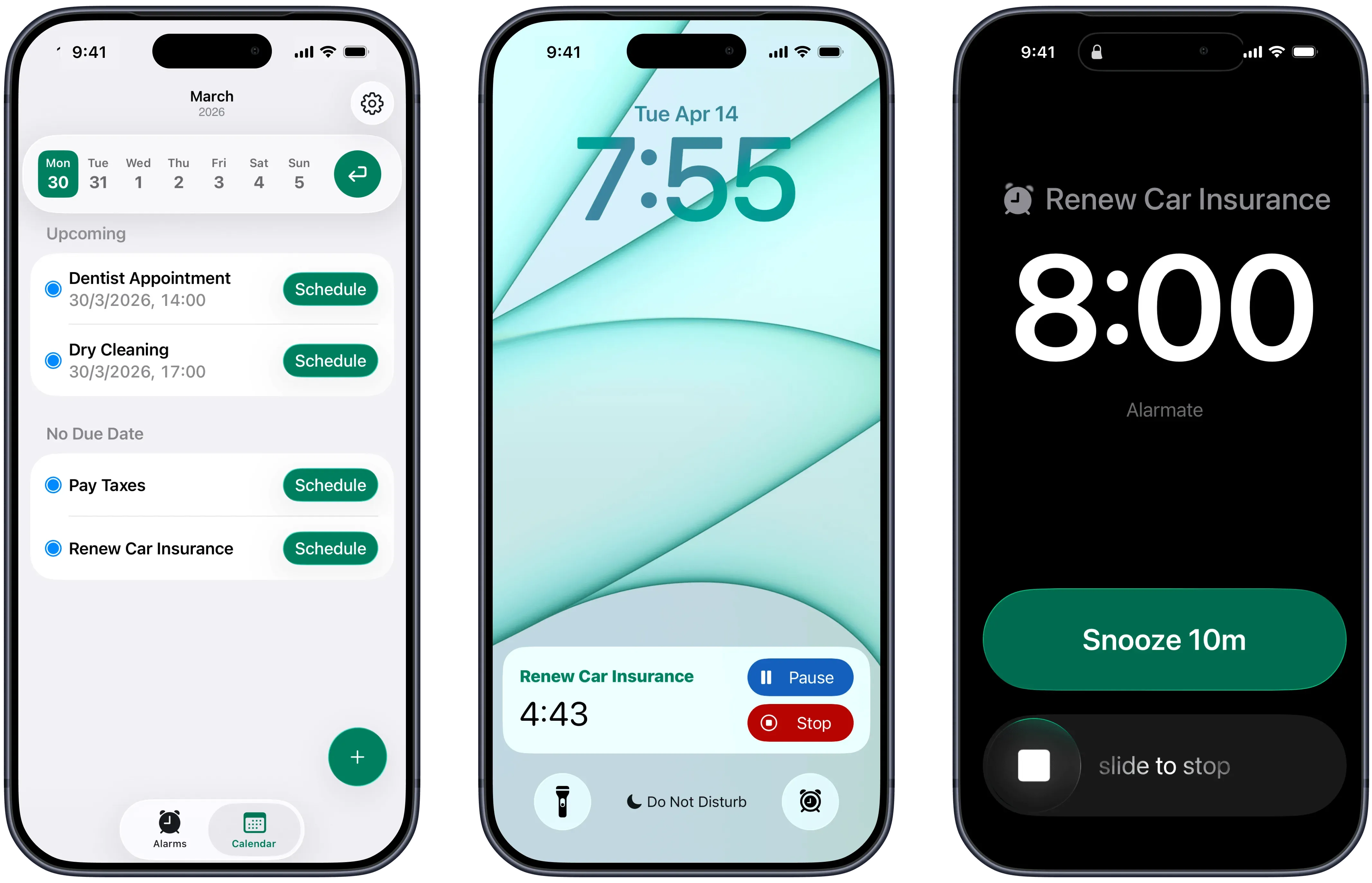 Alarmate iPhone screens showing reminders, live countdown, and a ringing alarm