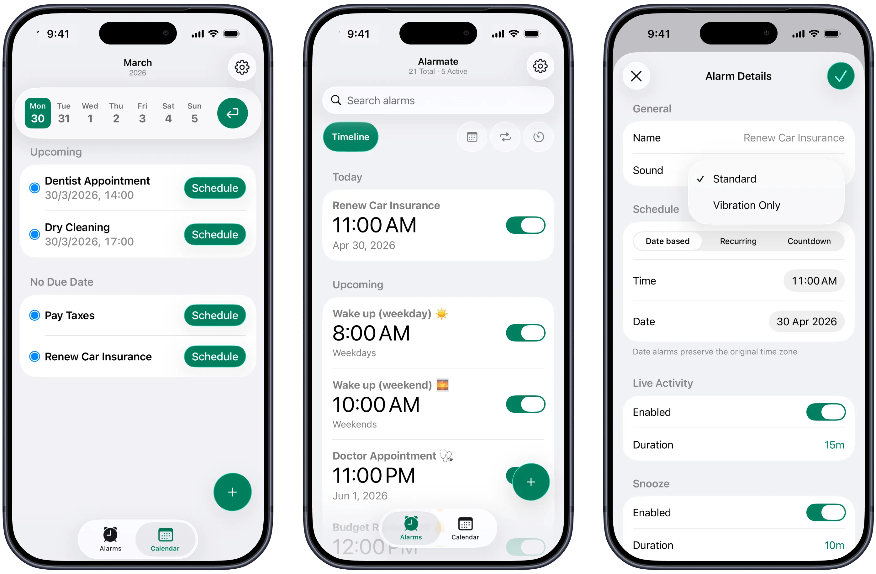 Alarmate app screens showing reminders, timeline view, and alarm details