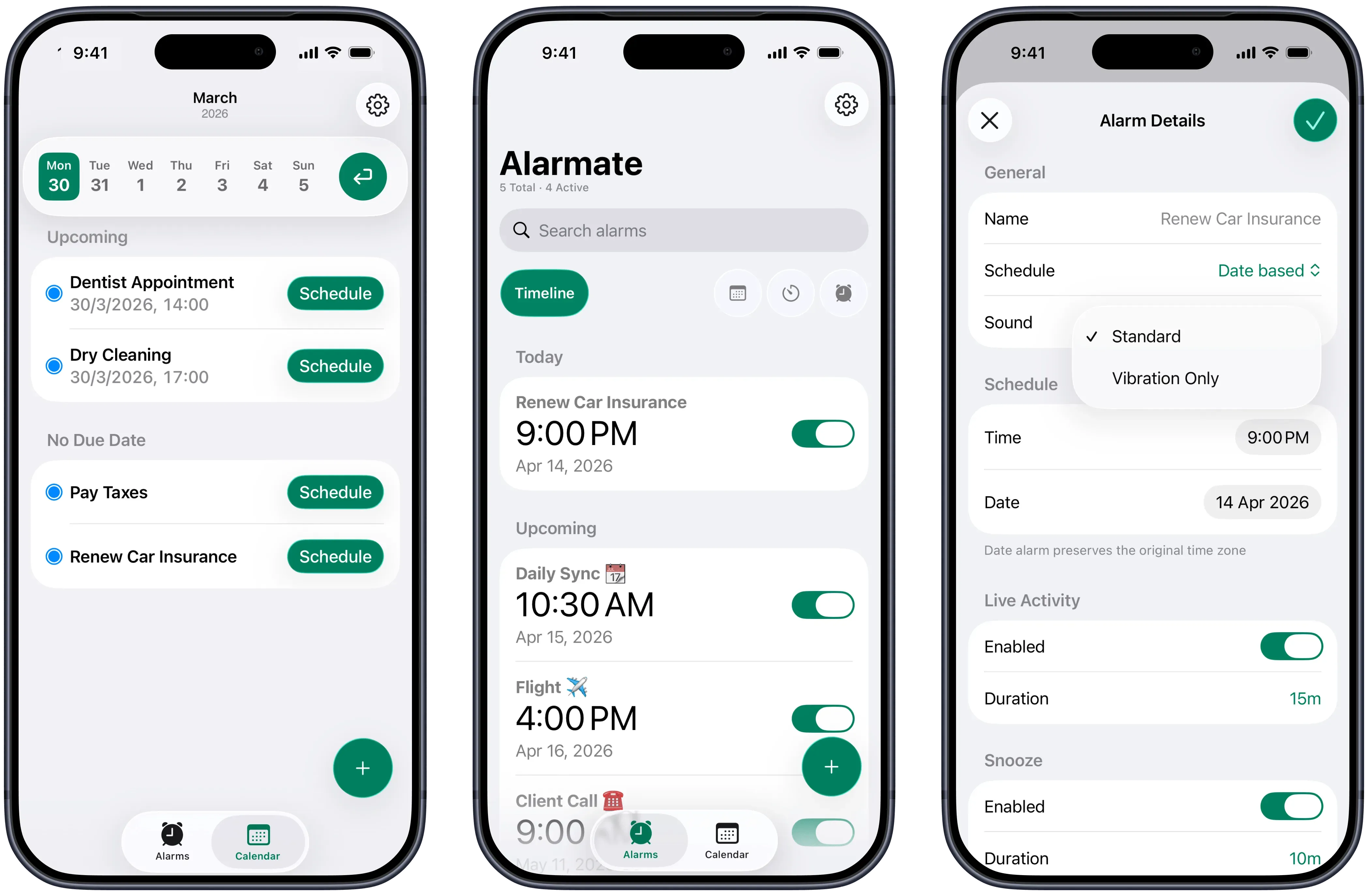 Alarmate app screens showing reminders, timeline view, and alarm details