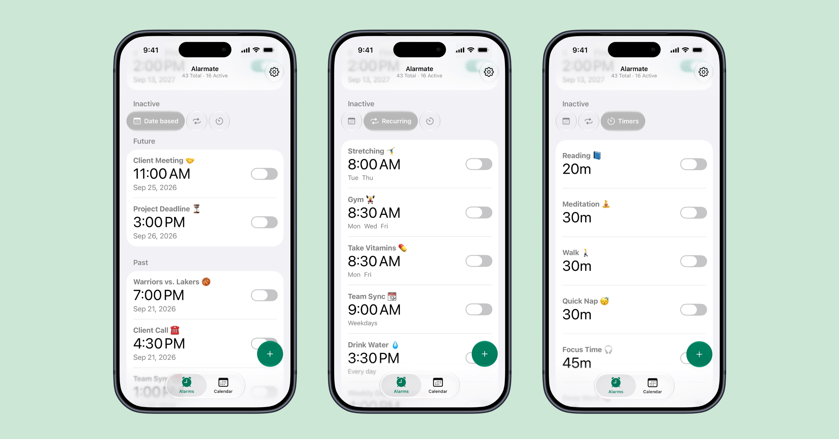 Inactive alarms grouped by type in Alarmate