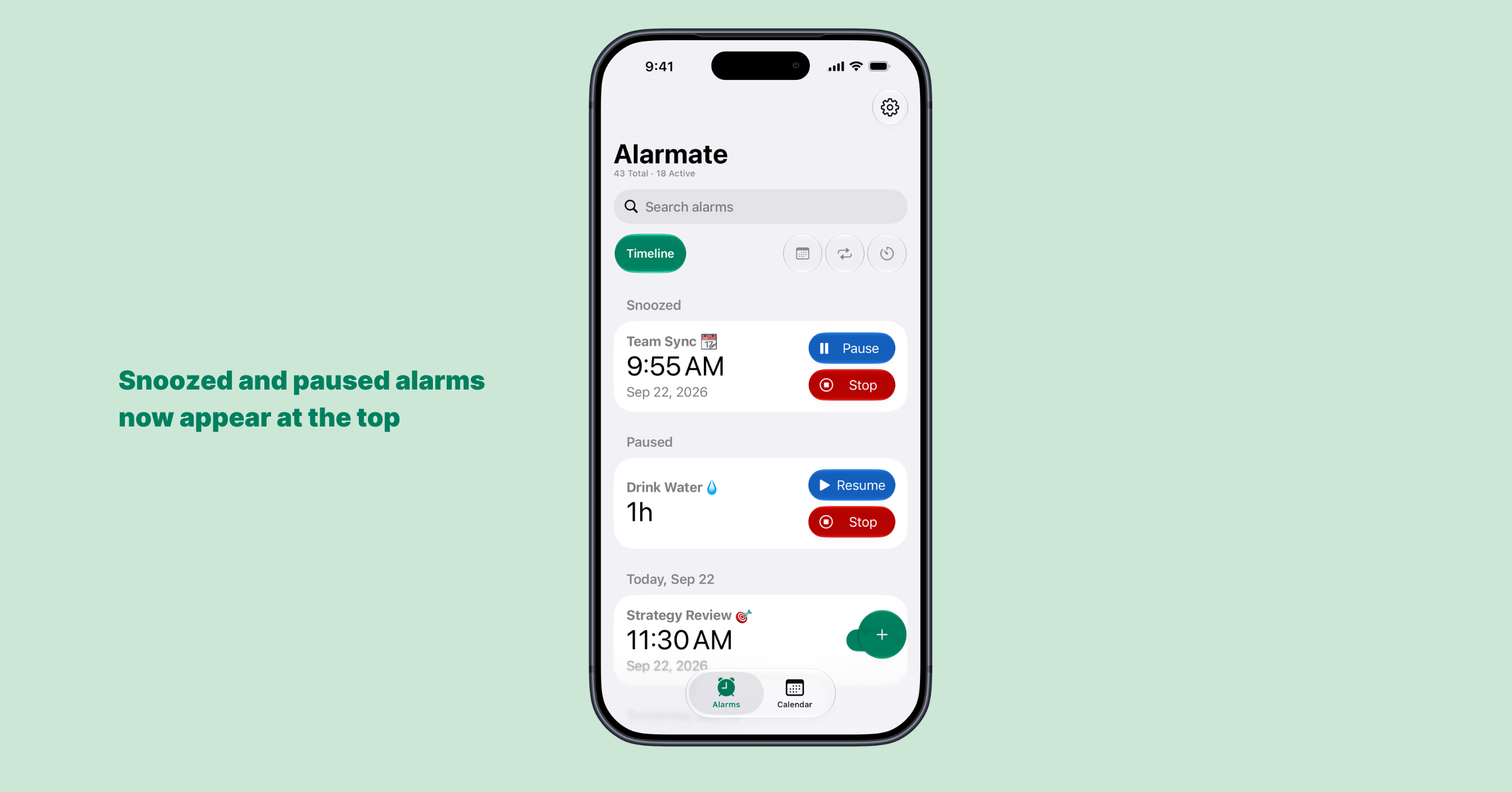 Dedicated snoozed and paused alarm sections in Alarmate