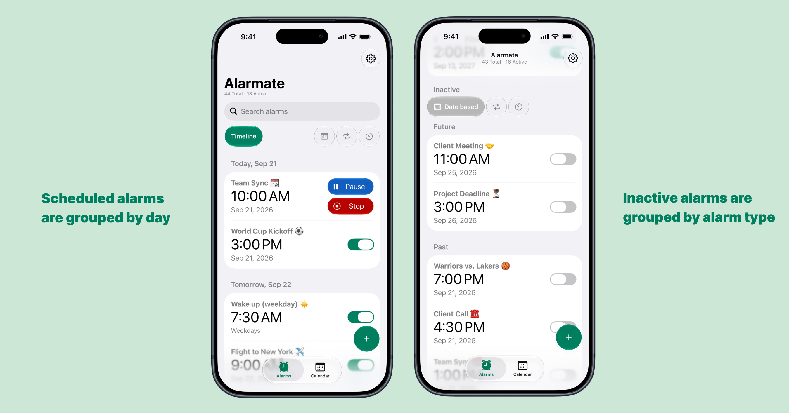 Scheduled alarms grouped by day and month in Alarmate