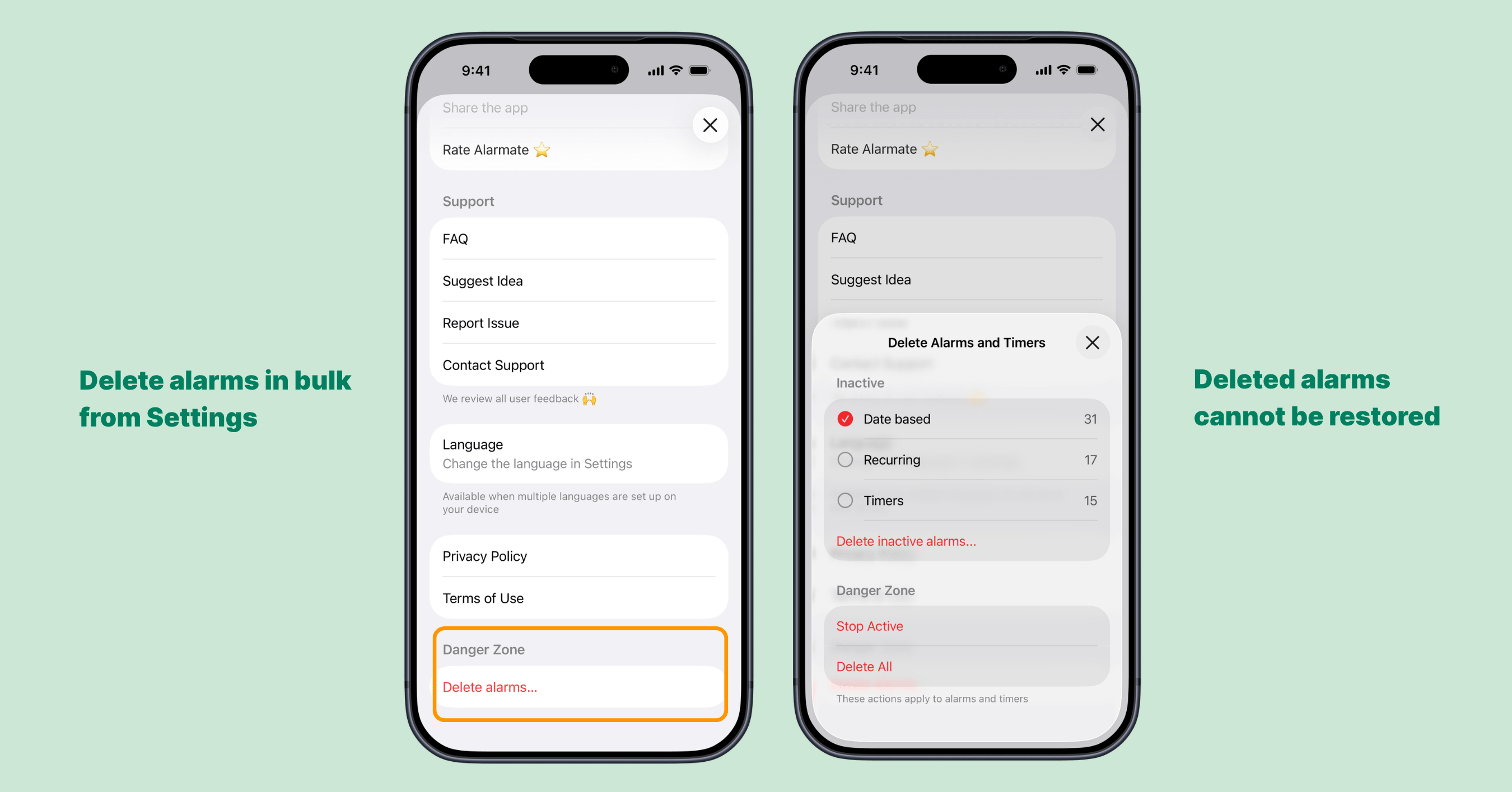 Alarmate Settings Danger Zone and inactive alarm categories with counts