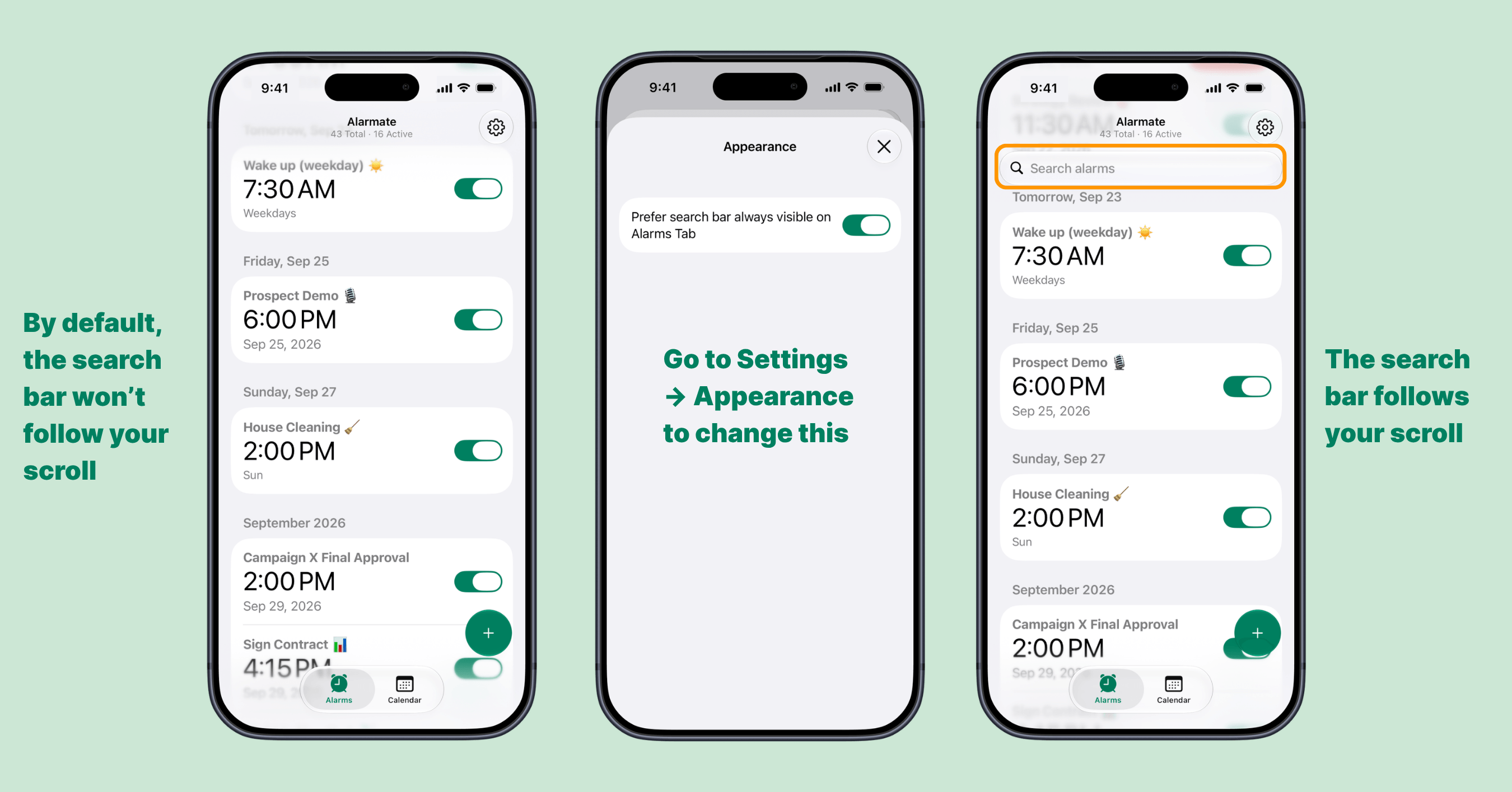 Alarmate's Alarms tab Appearance setting