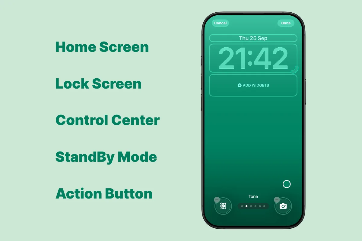 How do I add Alarmate widgets and controls to my iPhone?