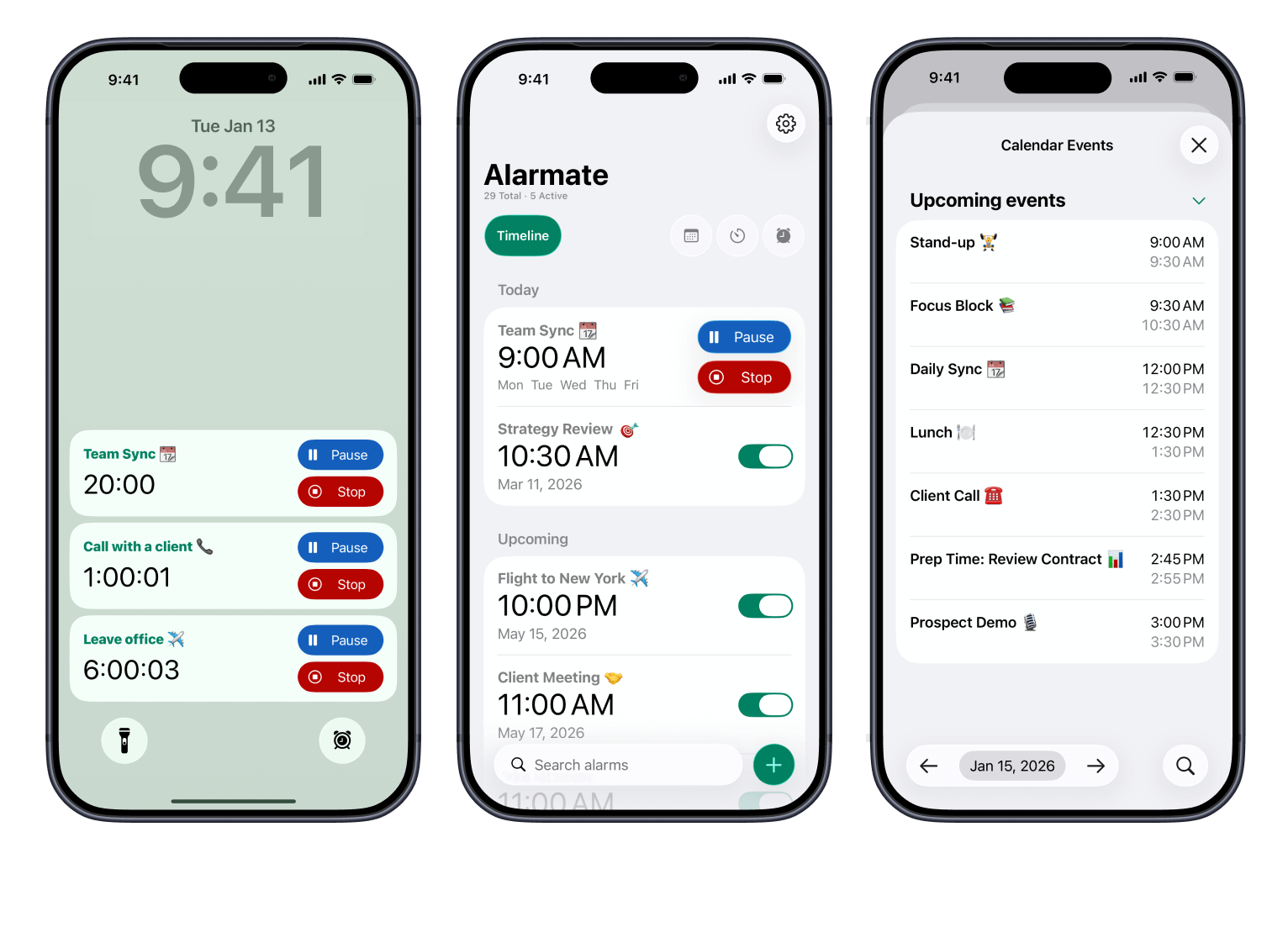 Alarmate app screens.