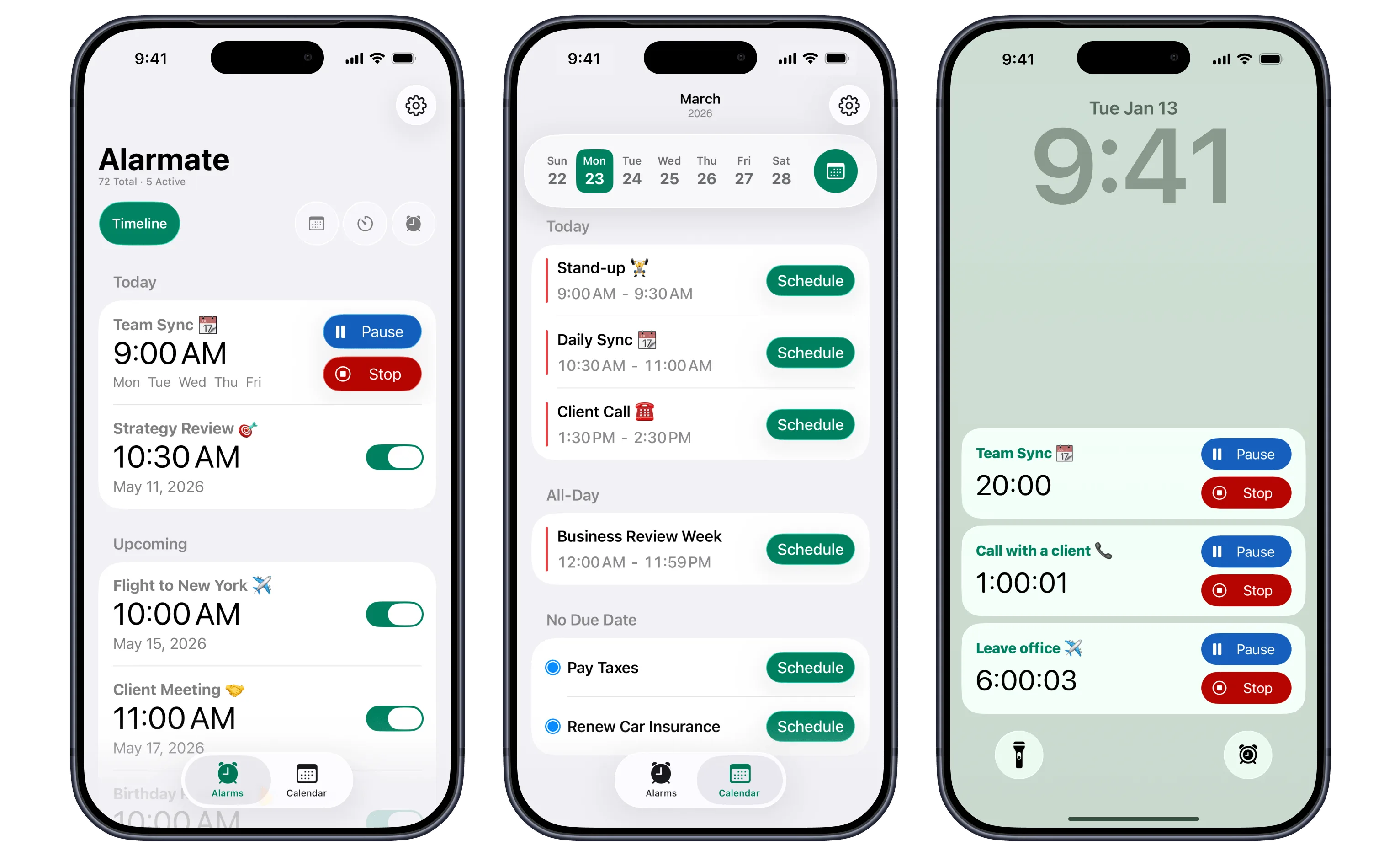 Alarmate app screens.