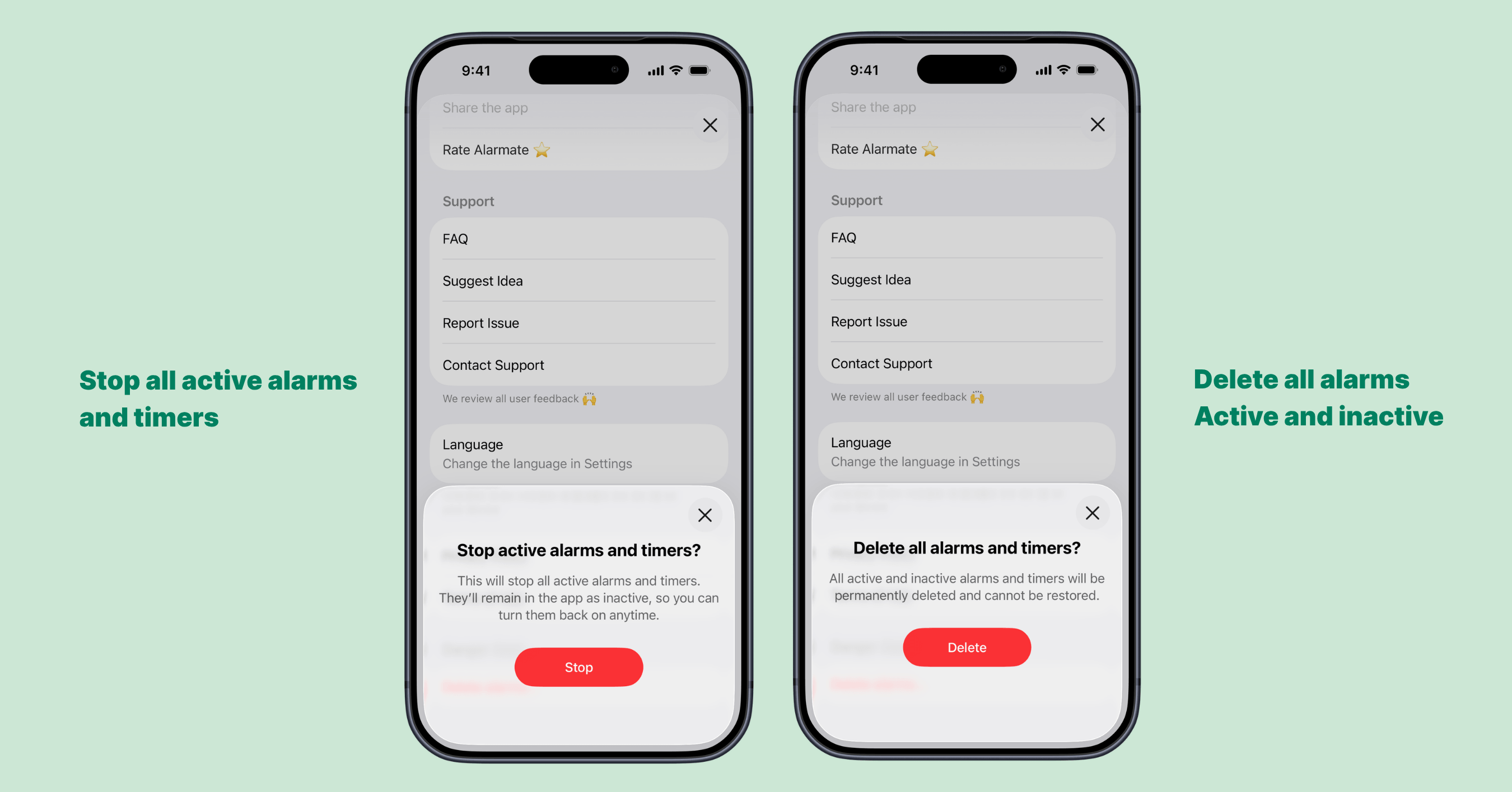 Alarmate confirmation dialogs for Stop Active and Delete All