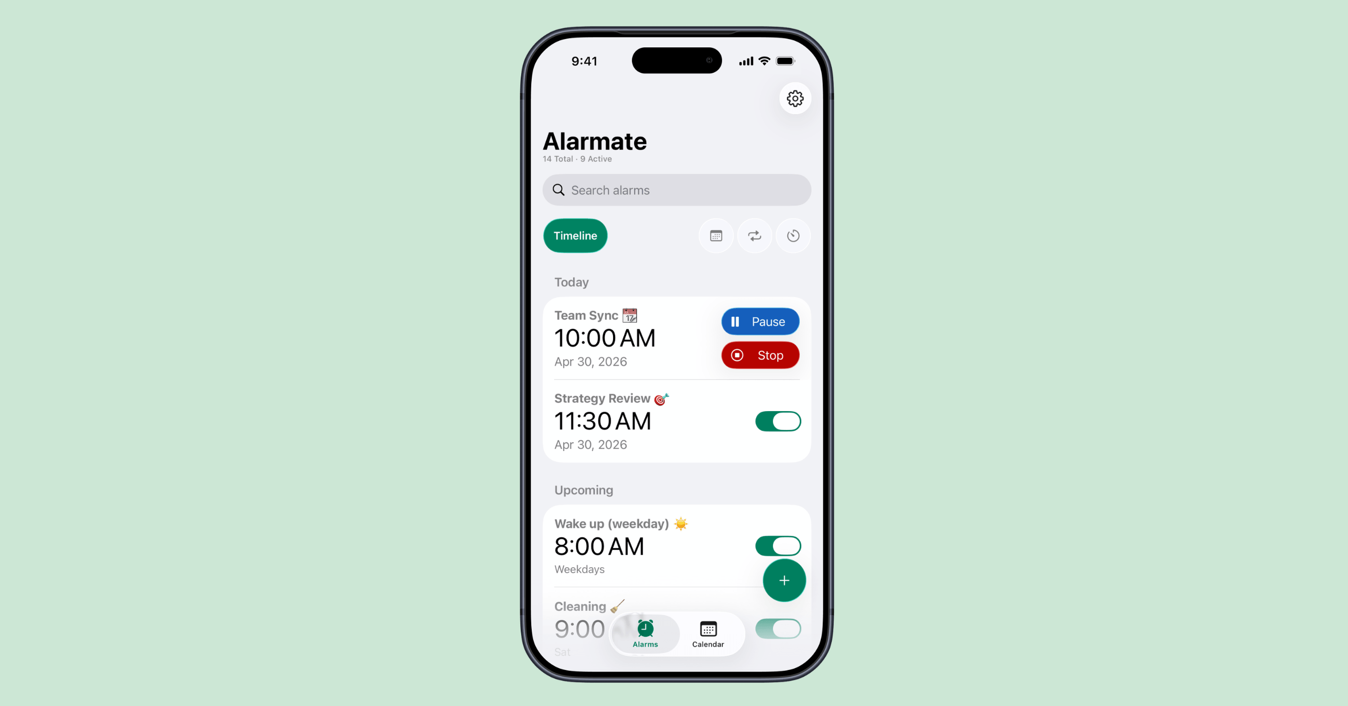 Alarmate timeline view with upcoming alarms