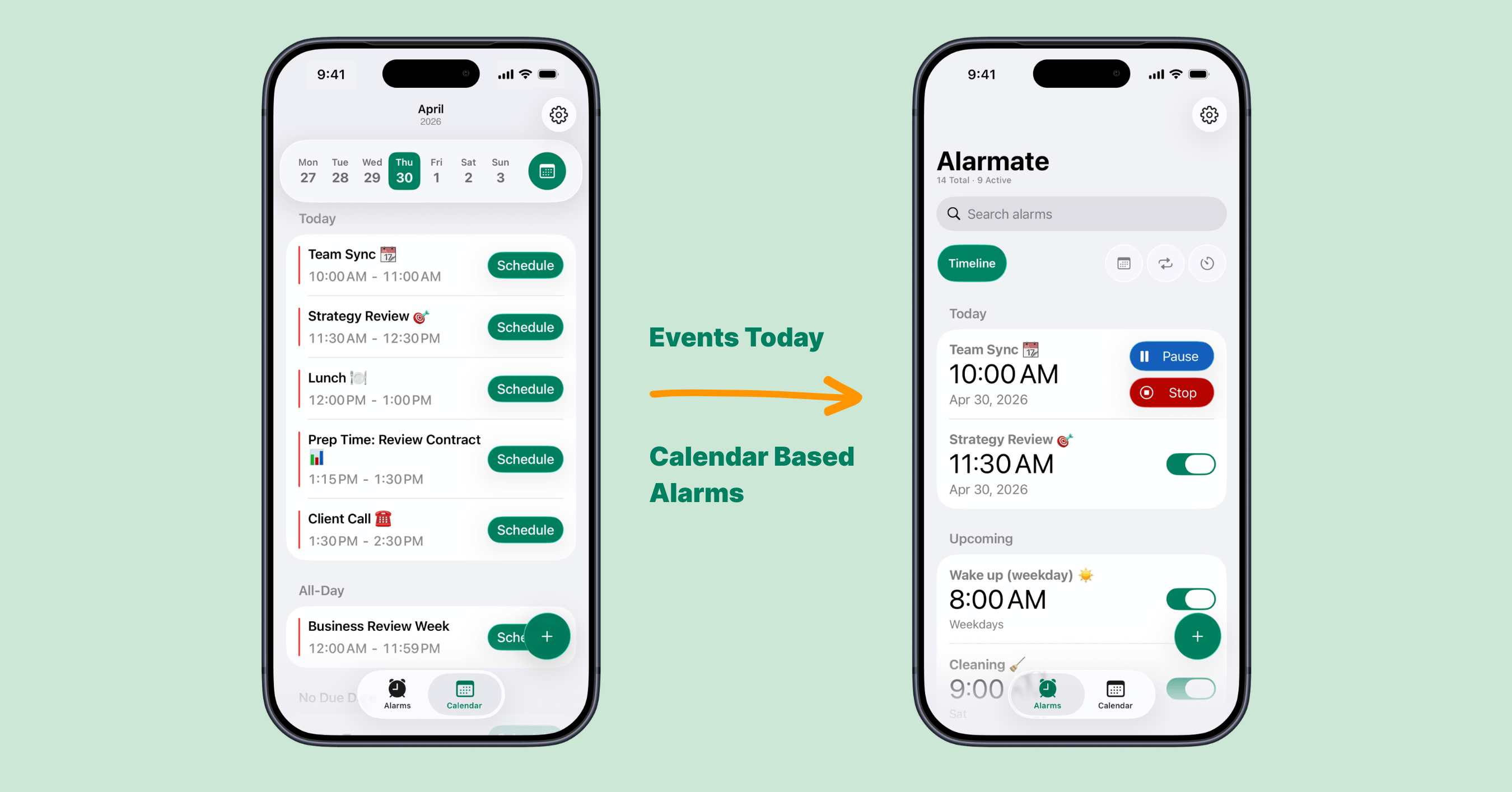 Alarmate calendar-based alarms