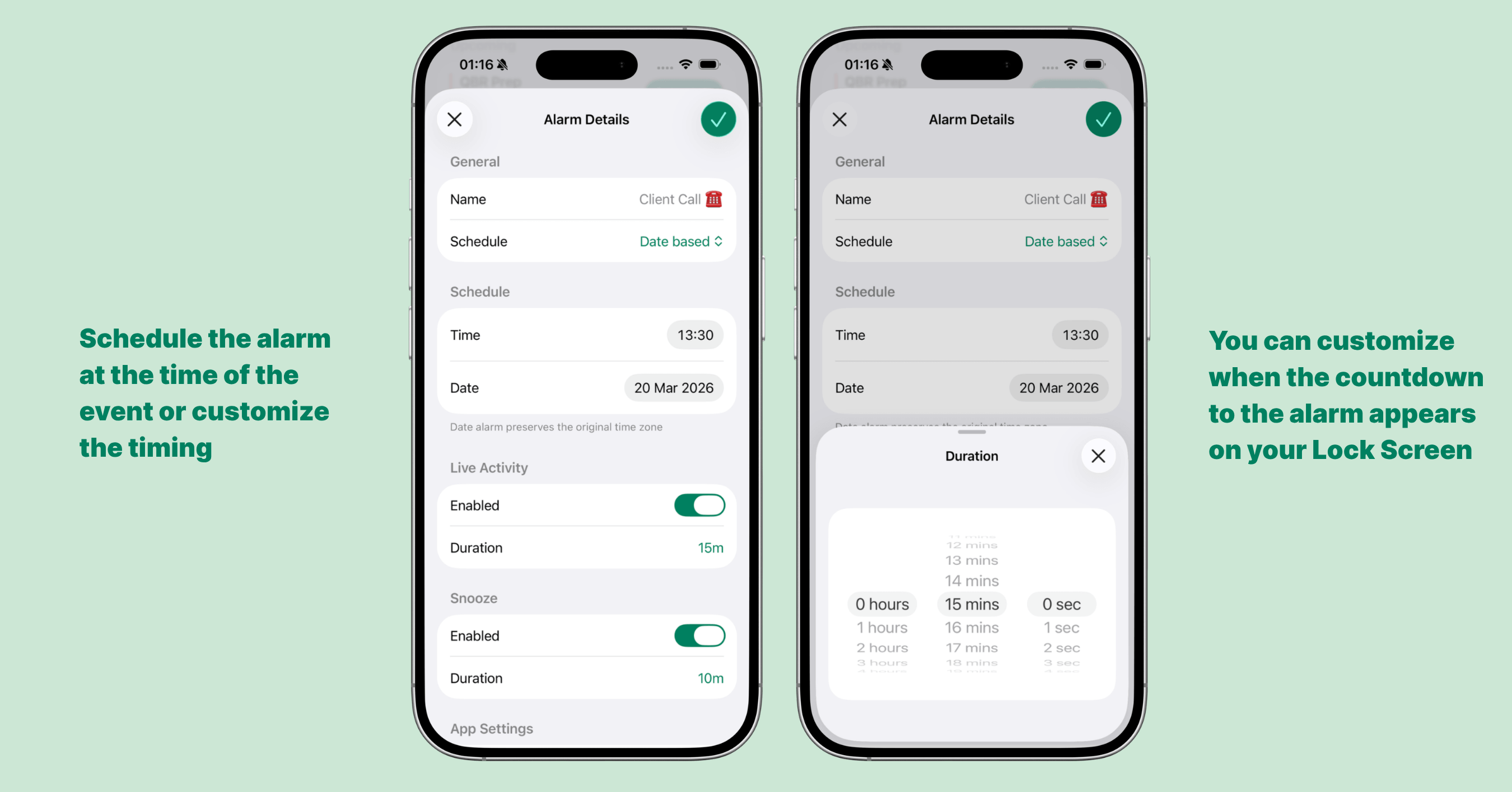Alarmate event detail screen showing lead time options