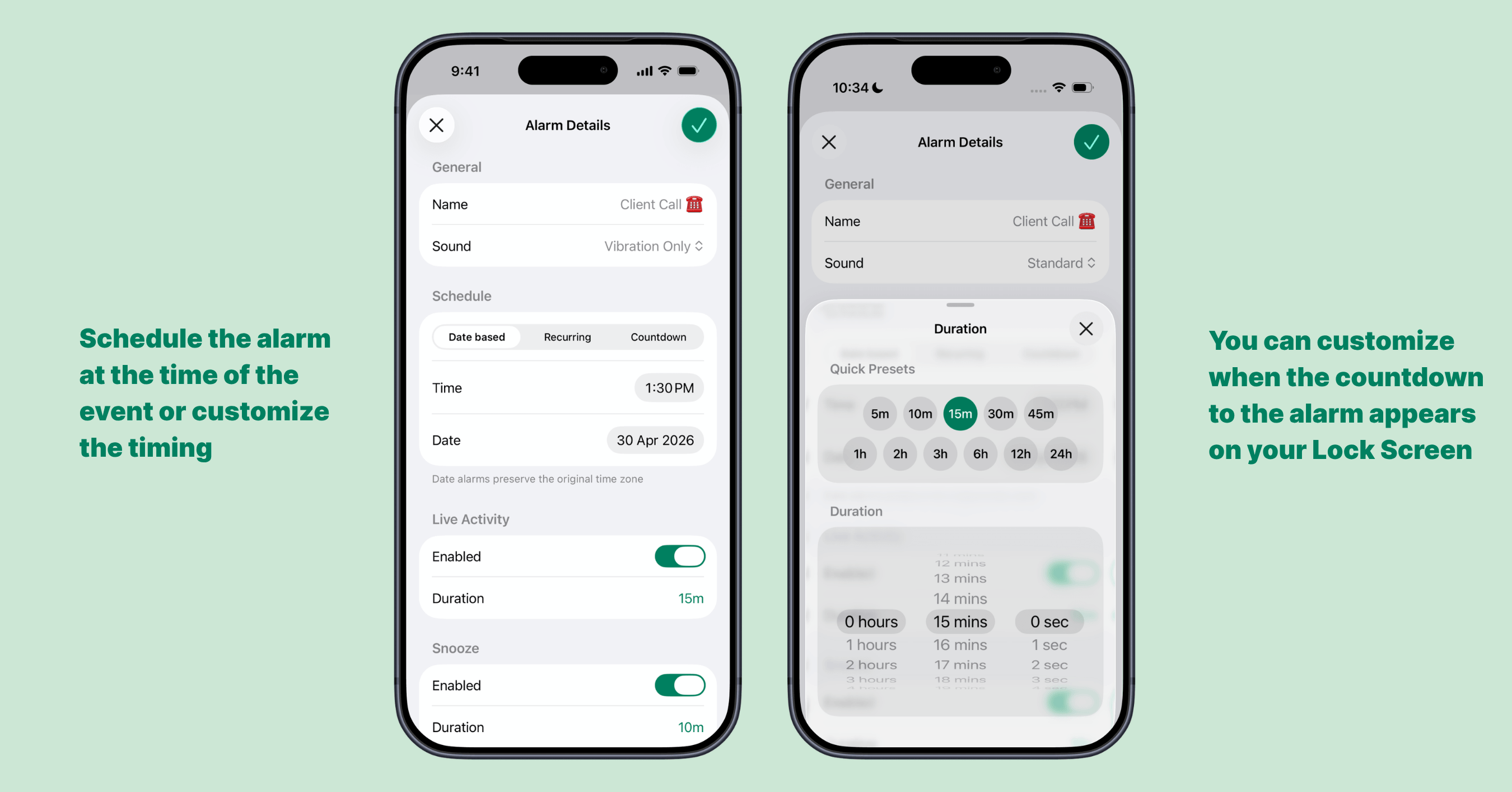 Alarmate event detail screen showing lead time options