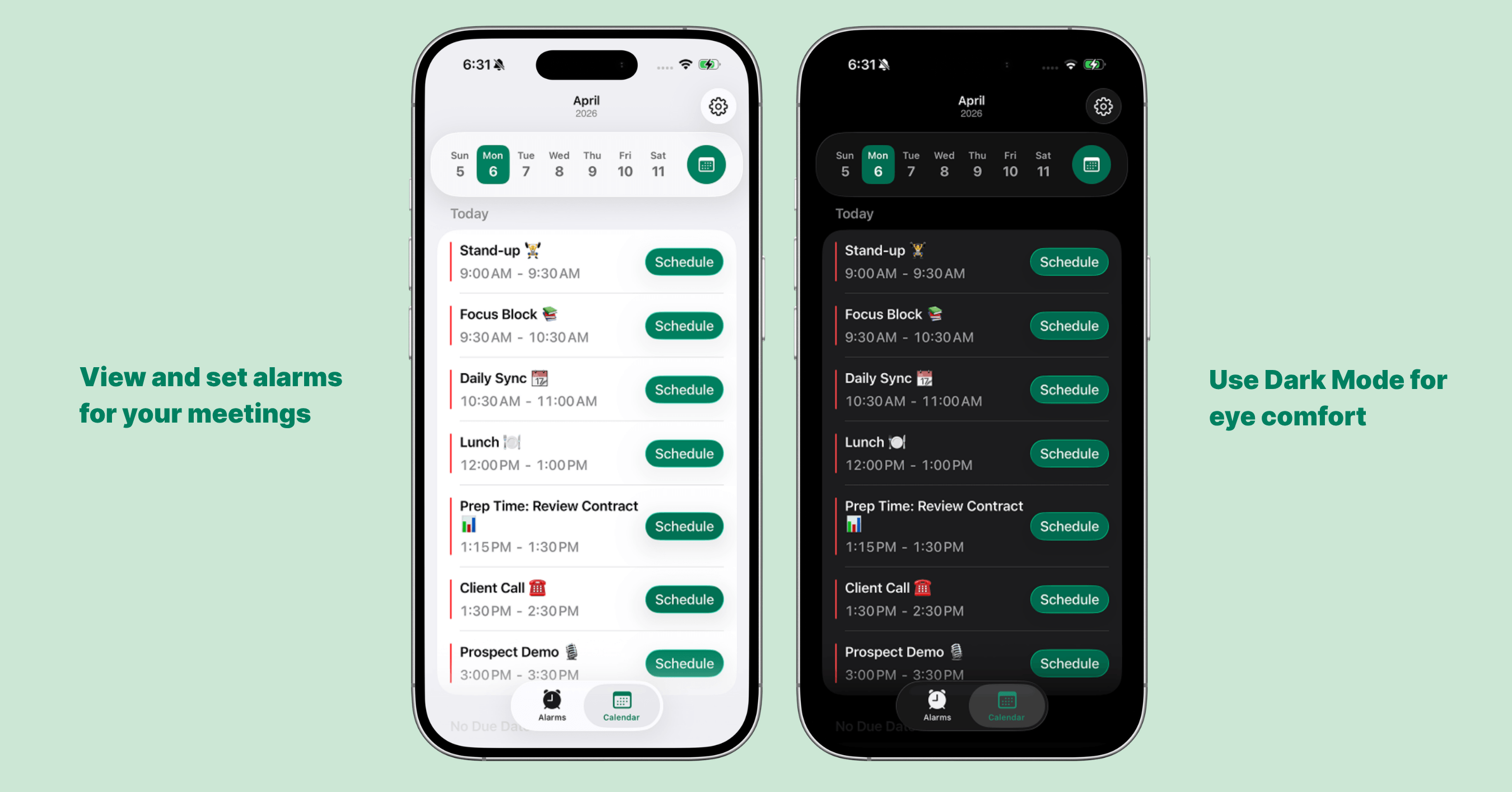Alarmate Calendar tab showing today's events
