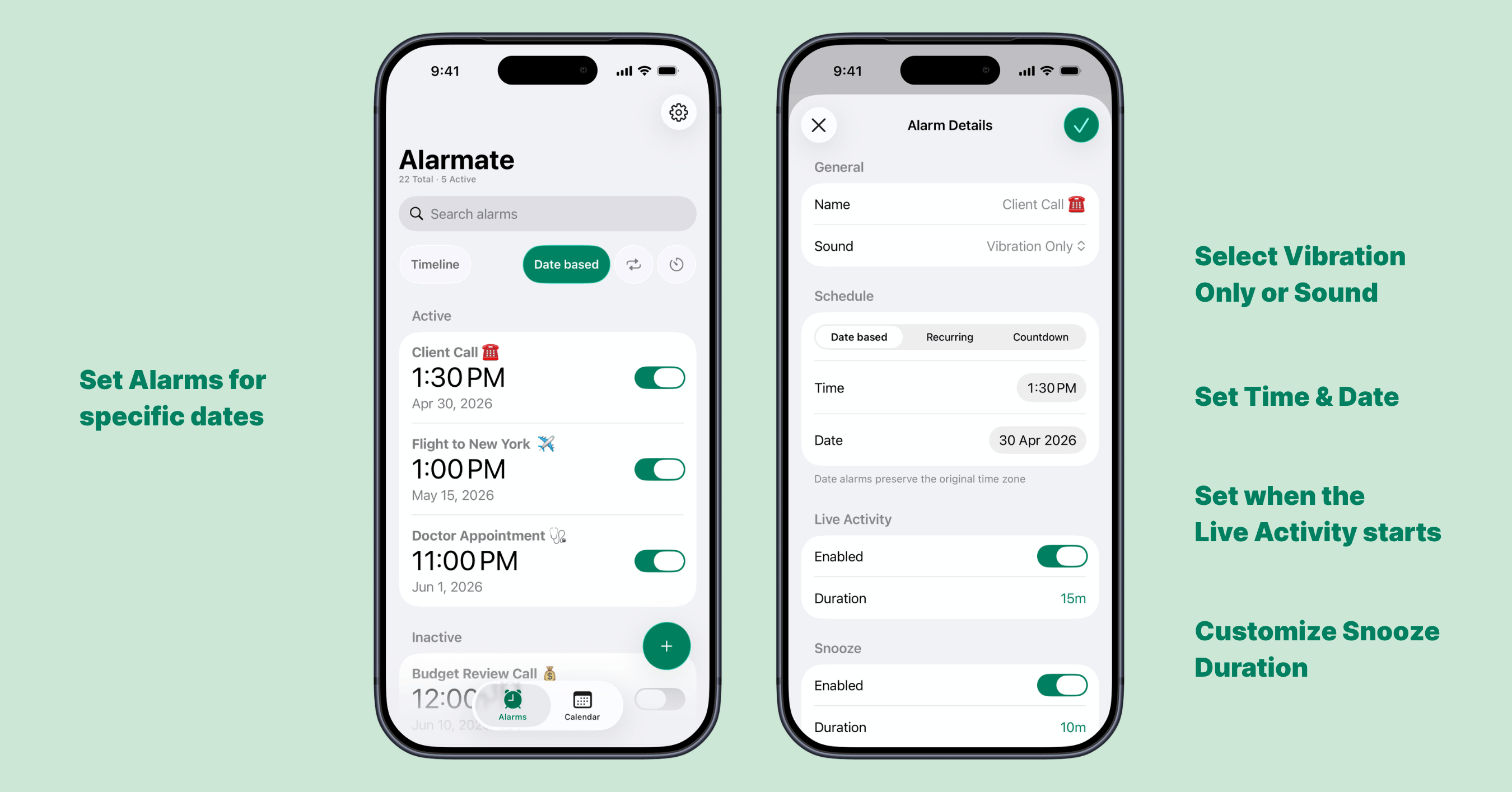 Date-based alarms listed by category in Alarmate