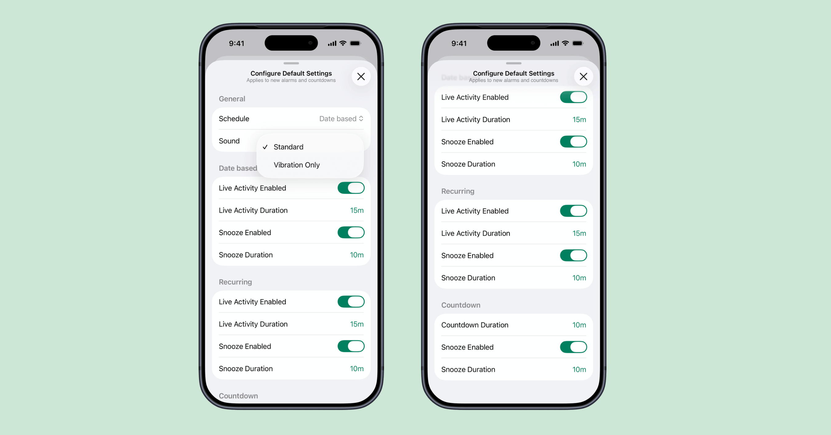 Alarmate settings for sound, snooze, and Live Activities