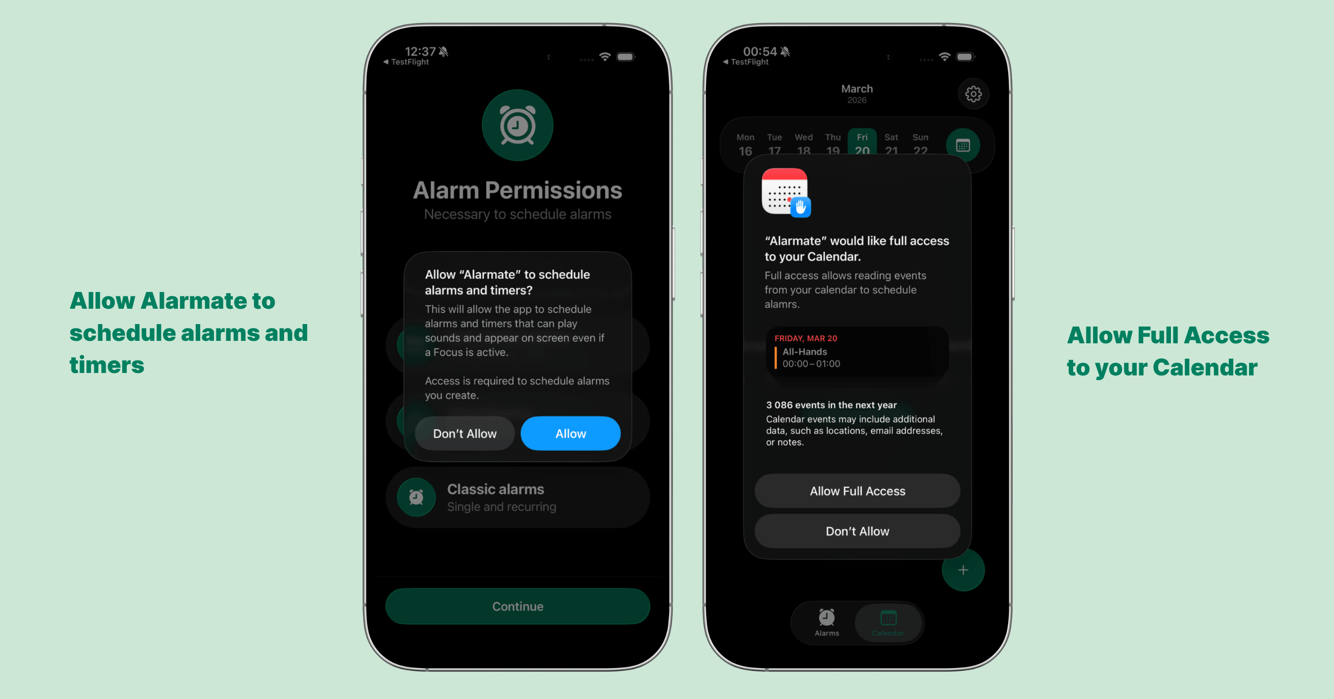Alarmate first-launch permission request screen for Calendar and Reminders access