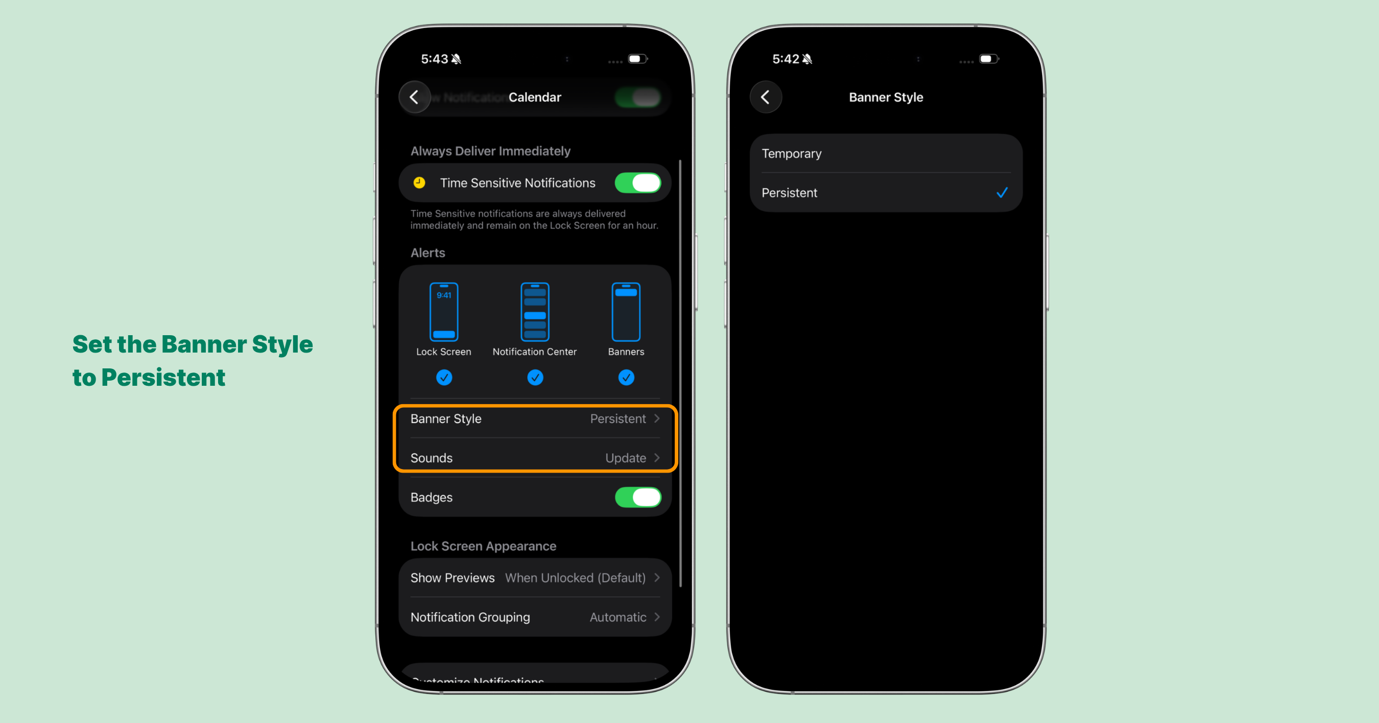 Settings → Notifications → Calendar showing Persistent selected under Banner Style