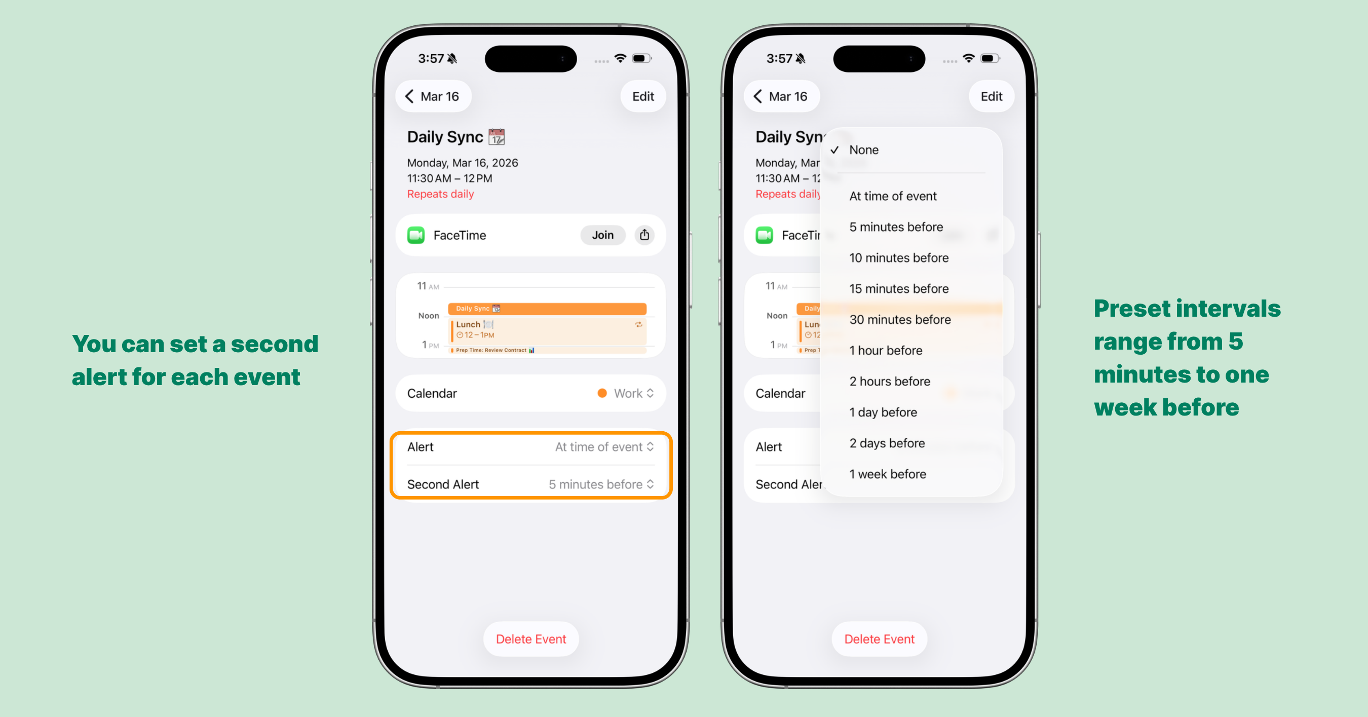 How to set two alerts for an iPhone calendar event