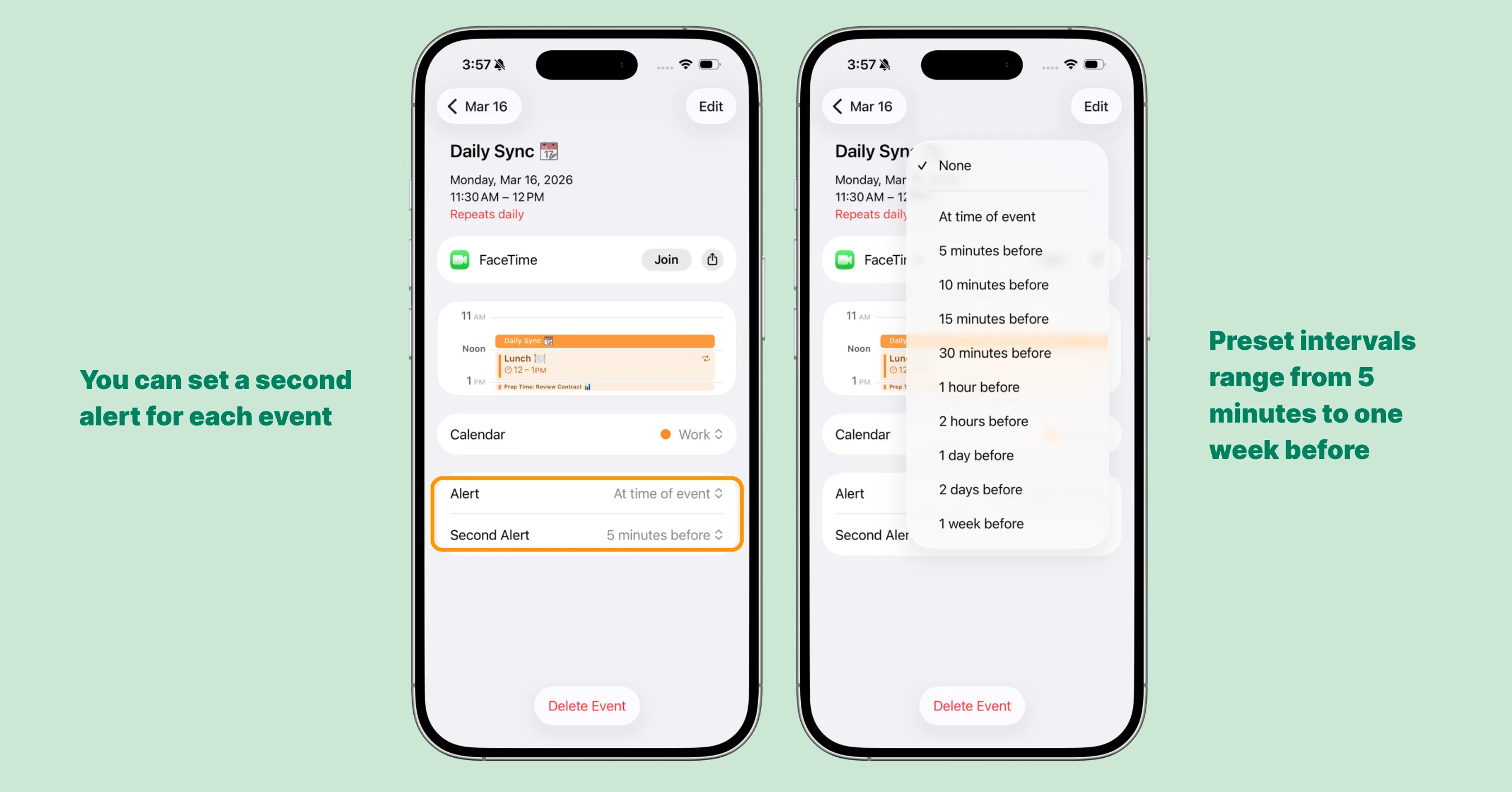 How to set two alerts for an iPhone calendar event