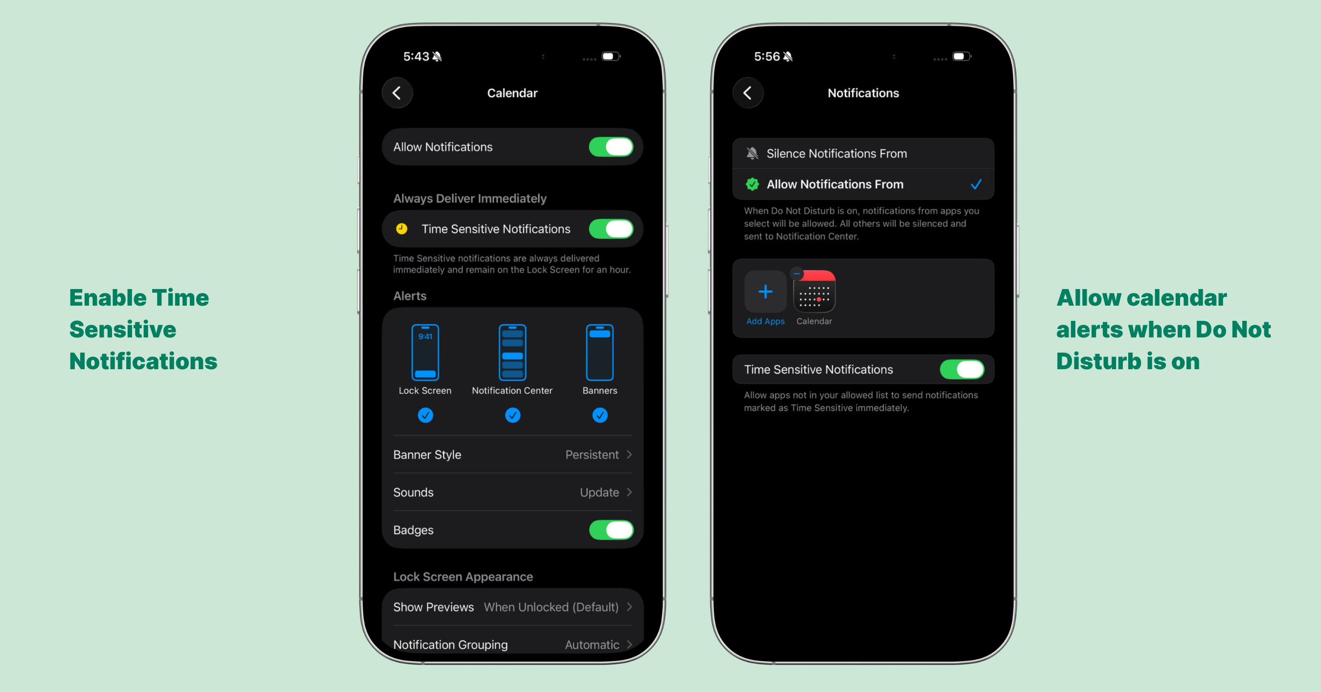 Settings → Notifications → Calendar with Time Sensitive Notifications toggle switched on