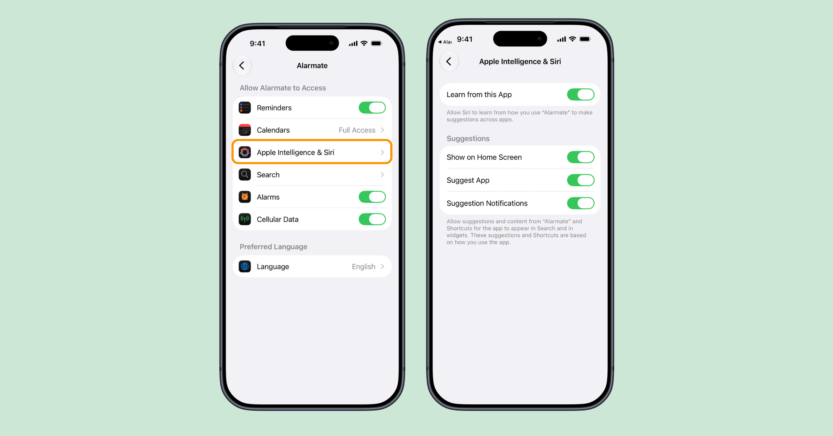 Apple Intelligence and Siri settings for Alarmate