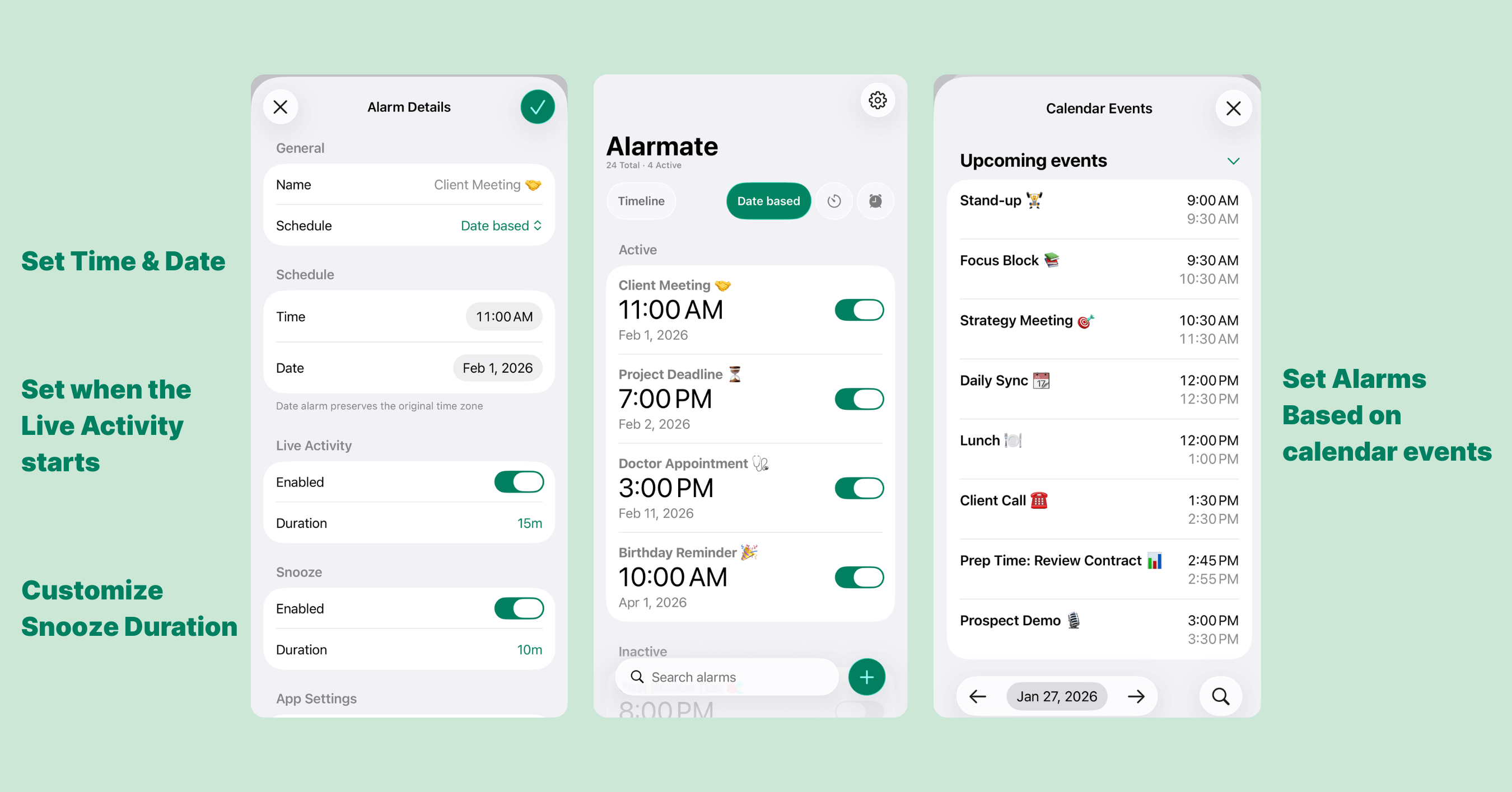 Setting a specific date alarm using Alarmate