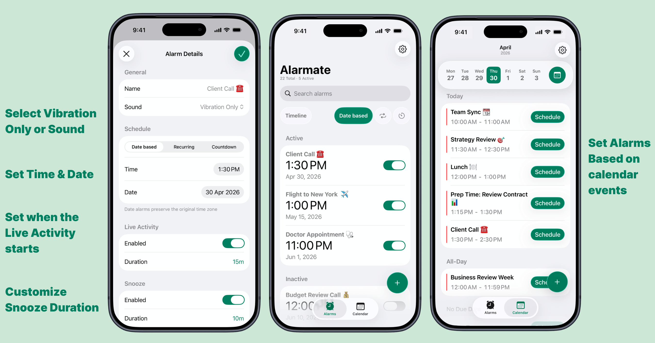 Setting a specific date alarm using Alarmate