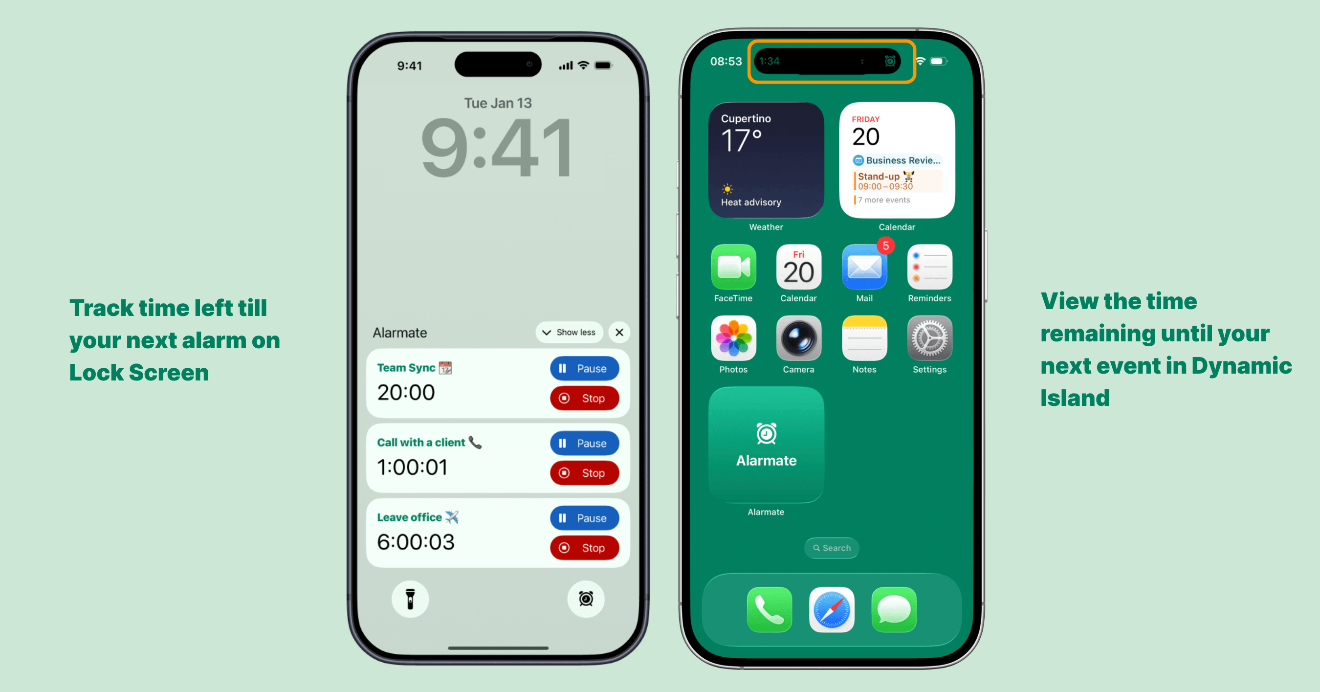 Dynamic Island and Lock Screen countdown with event name and time remaining