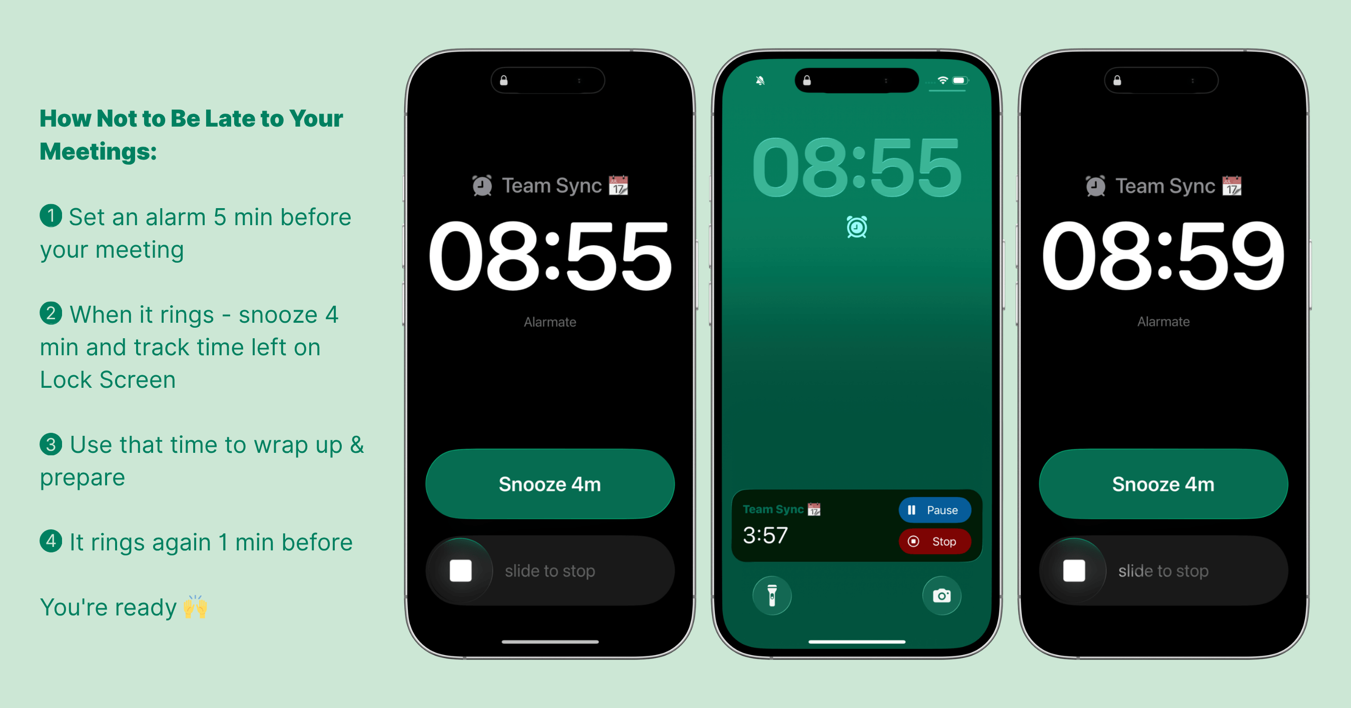 Using Alarmate calendar alarms not to be late to meetings