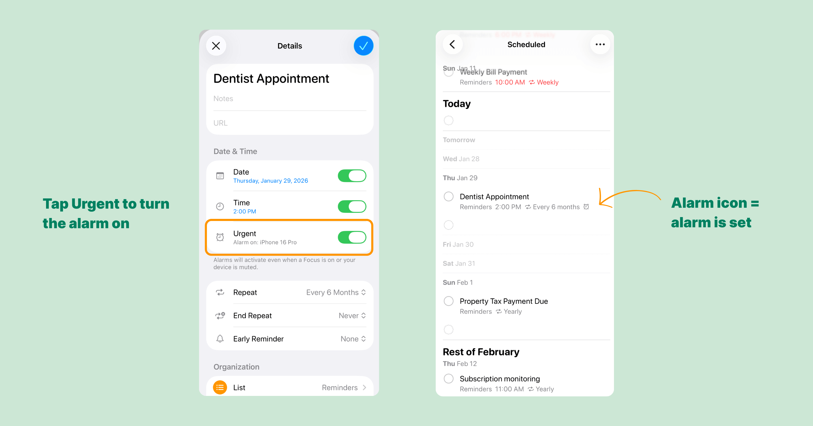 How to set a future date alarm using Reminders