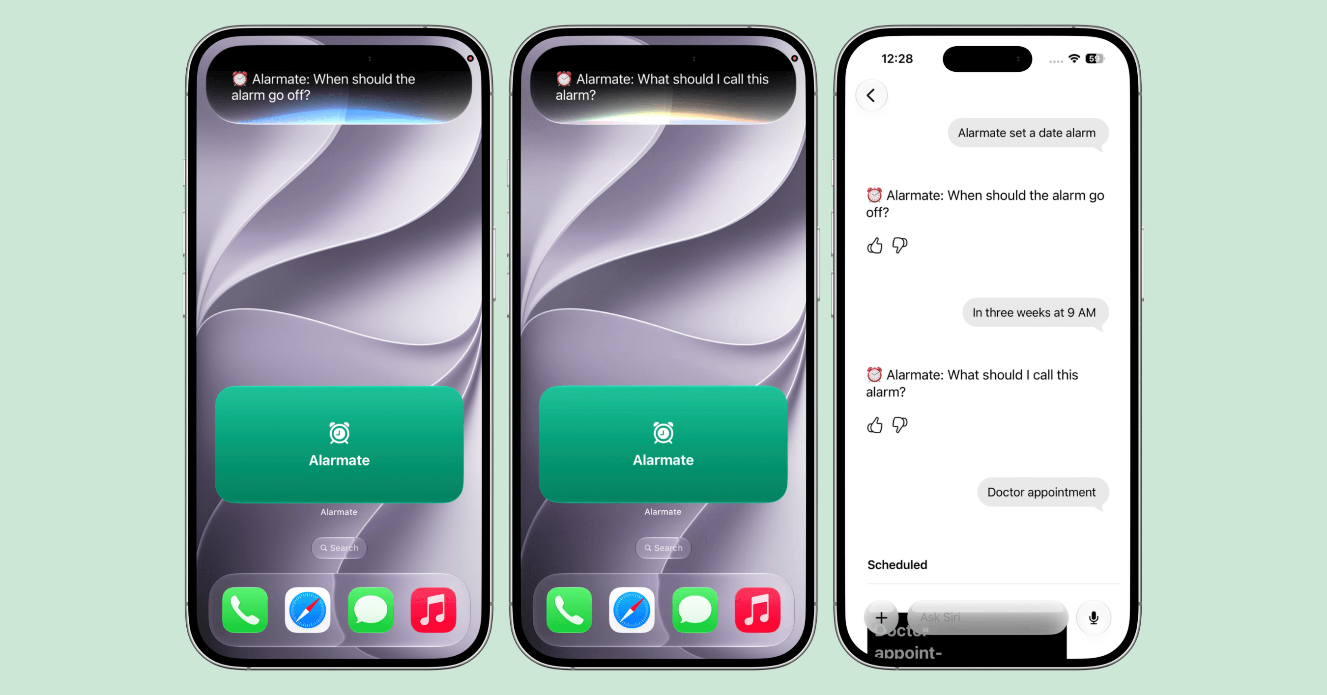 Siri setting a doctor visit date alarm in Alarmate for three weeks from now