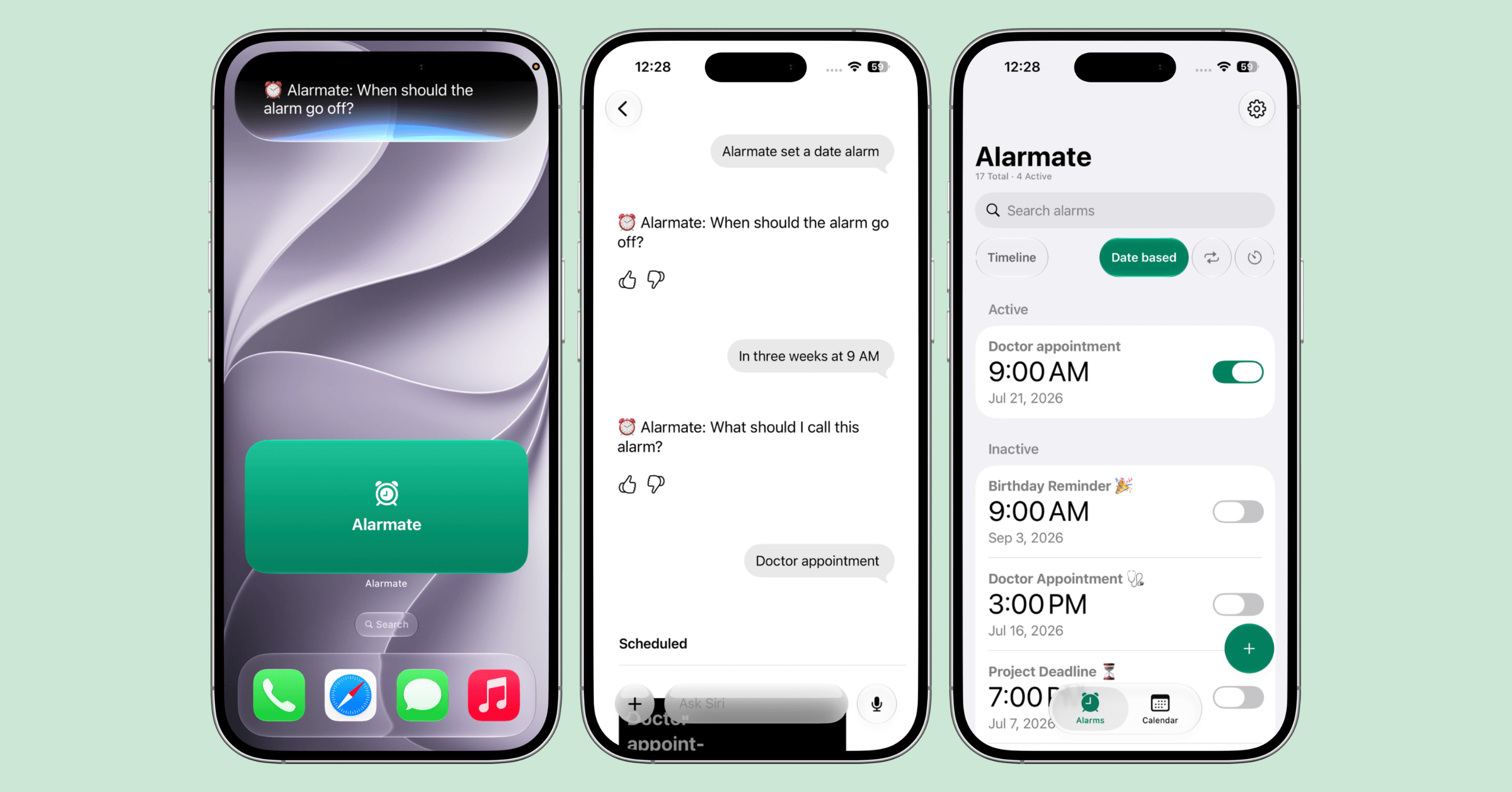 Siri creating a doctor's appointment date alarm in Alarmate