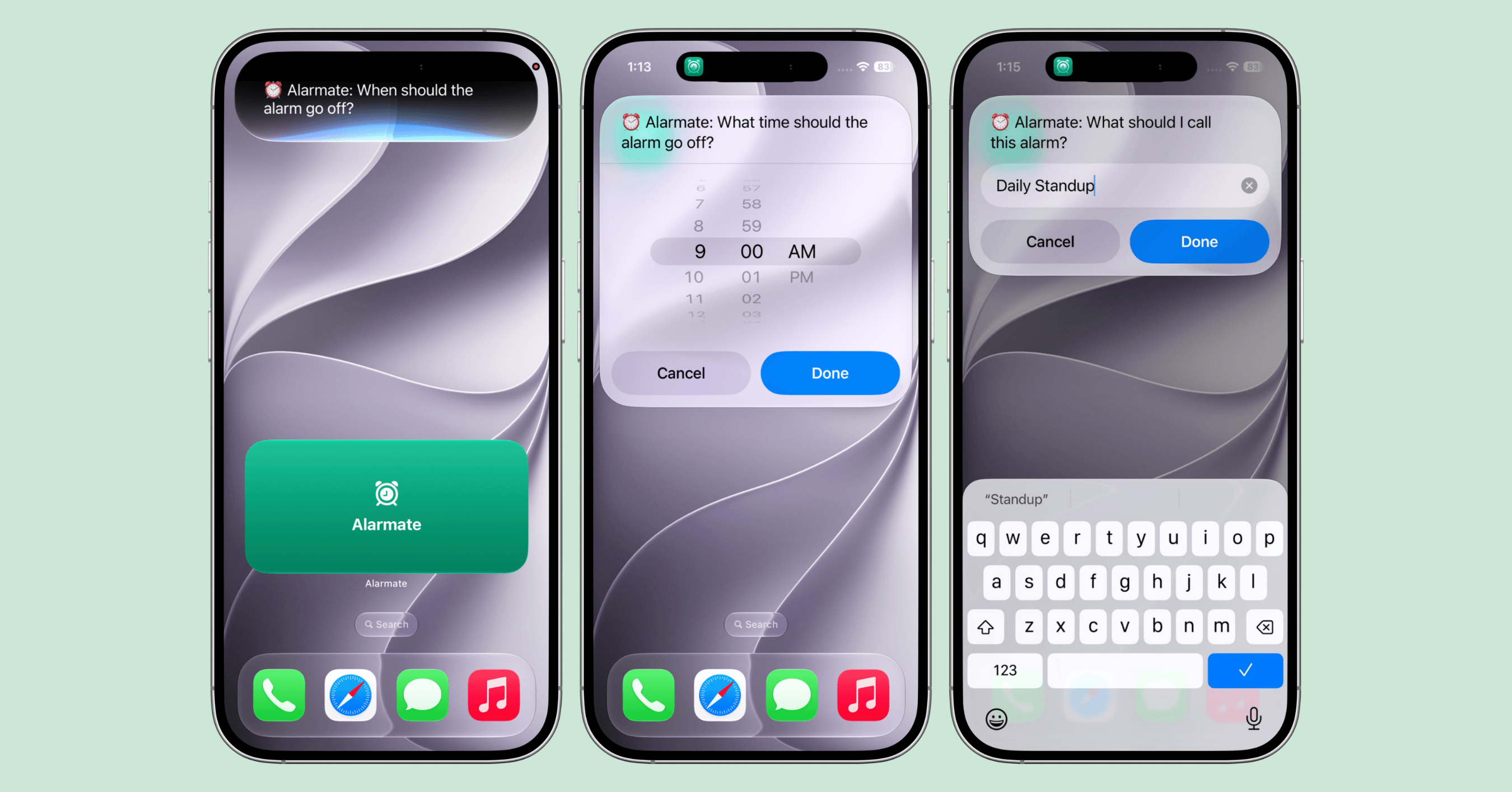 Siri creating a recurring Daily Standup alarm in Alarmate