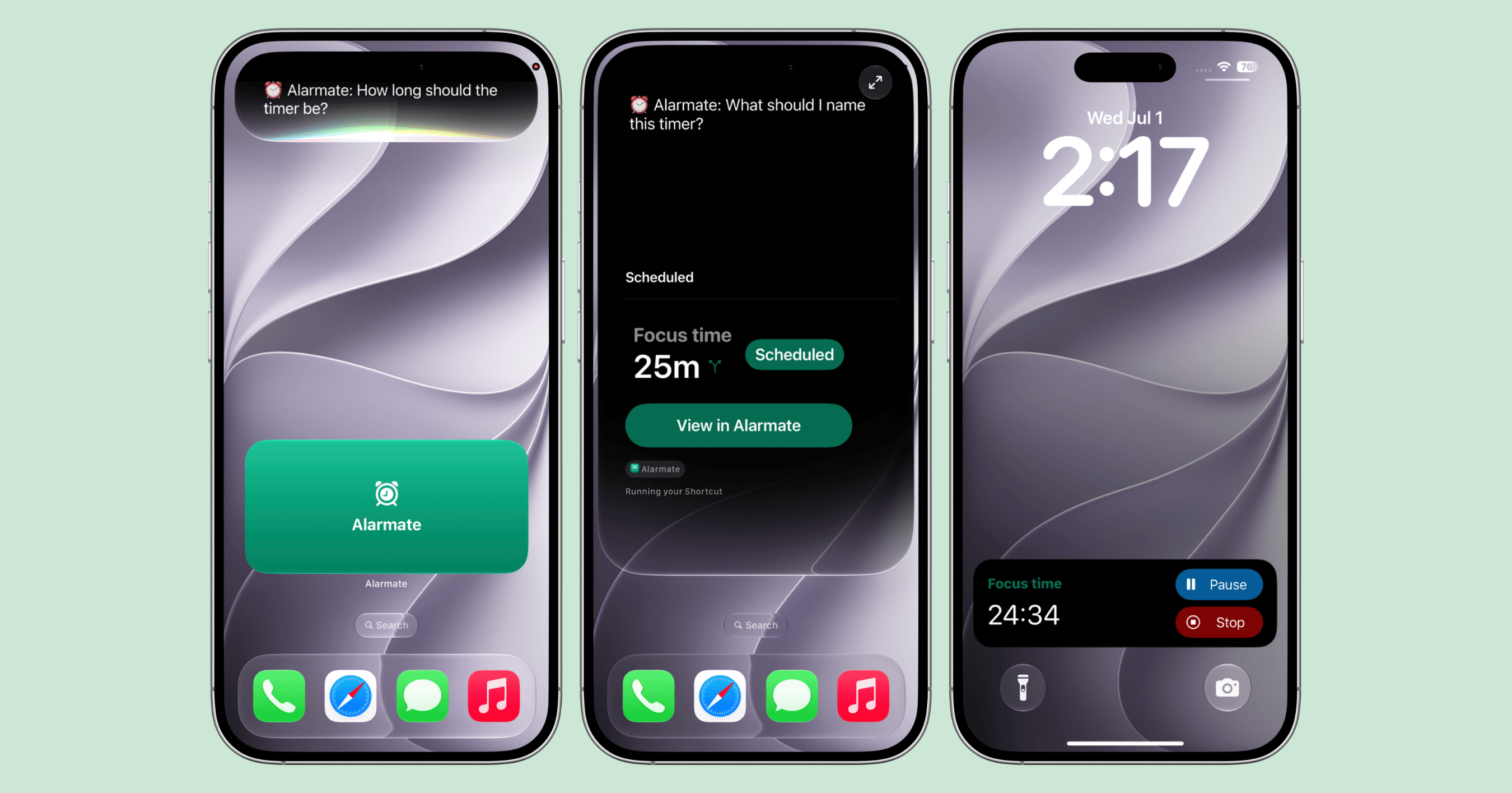 Siri creating a focus timer in Alarmate and showing the countdown on the Lock Screen