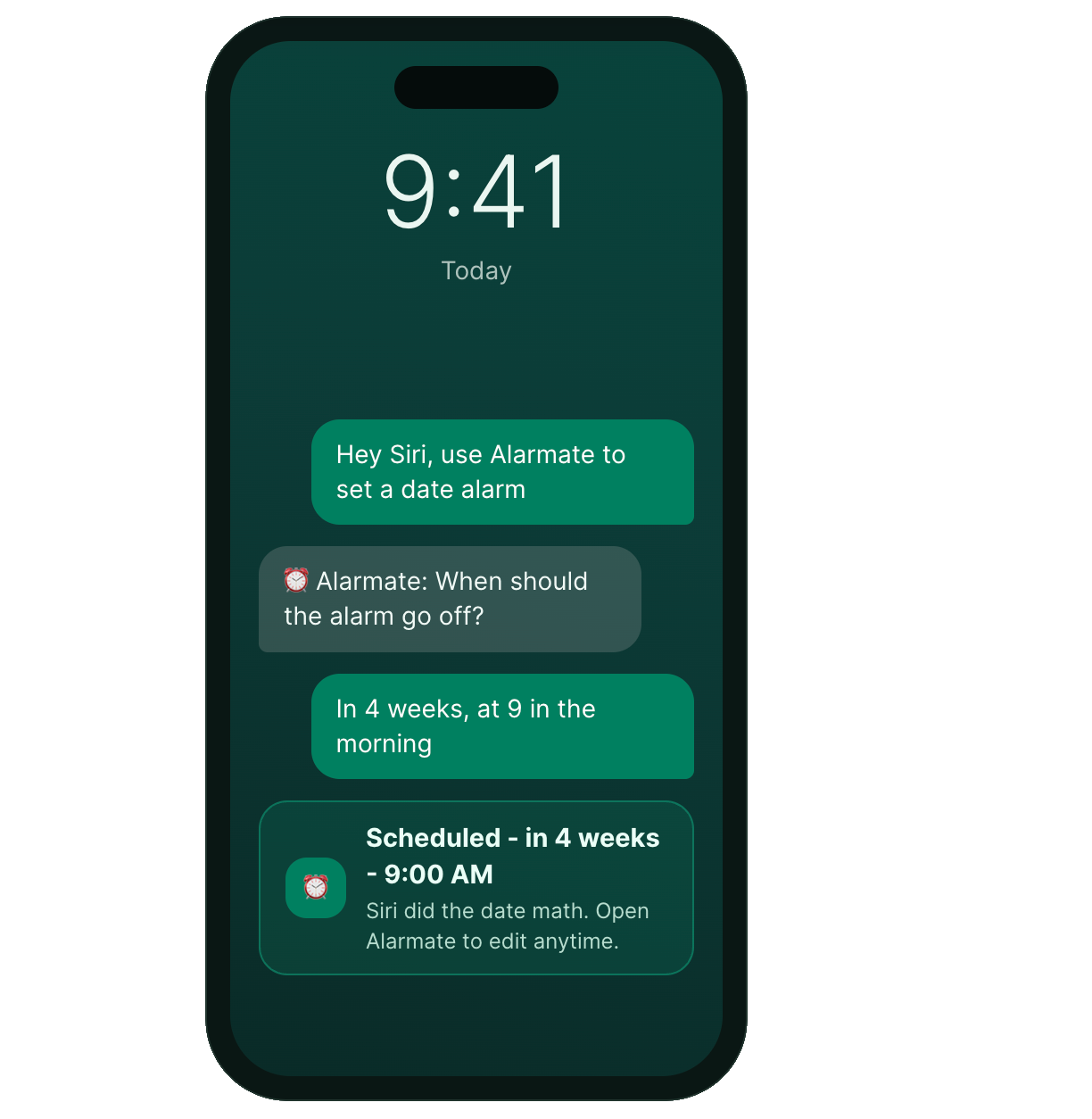 Alarmate date alarm created from a voice request