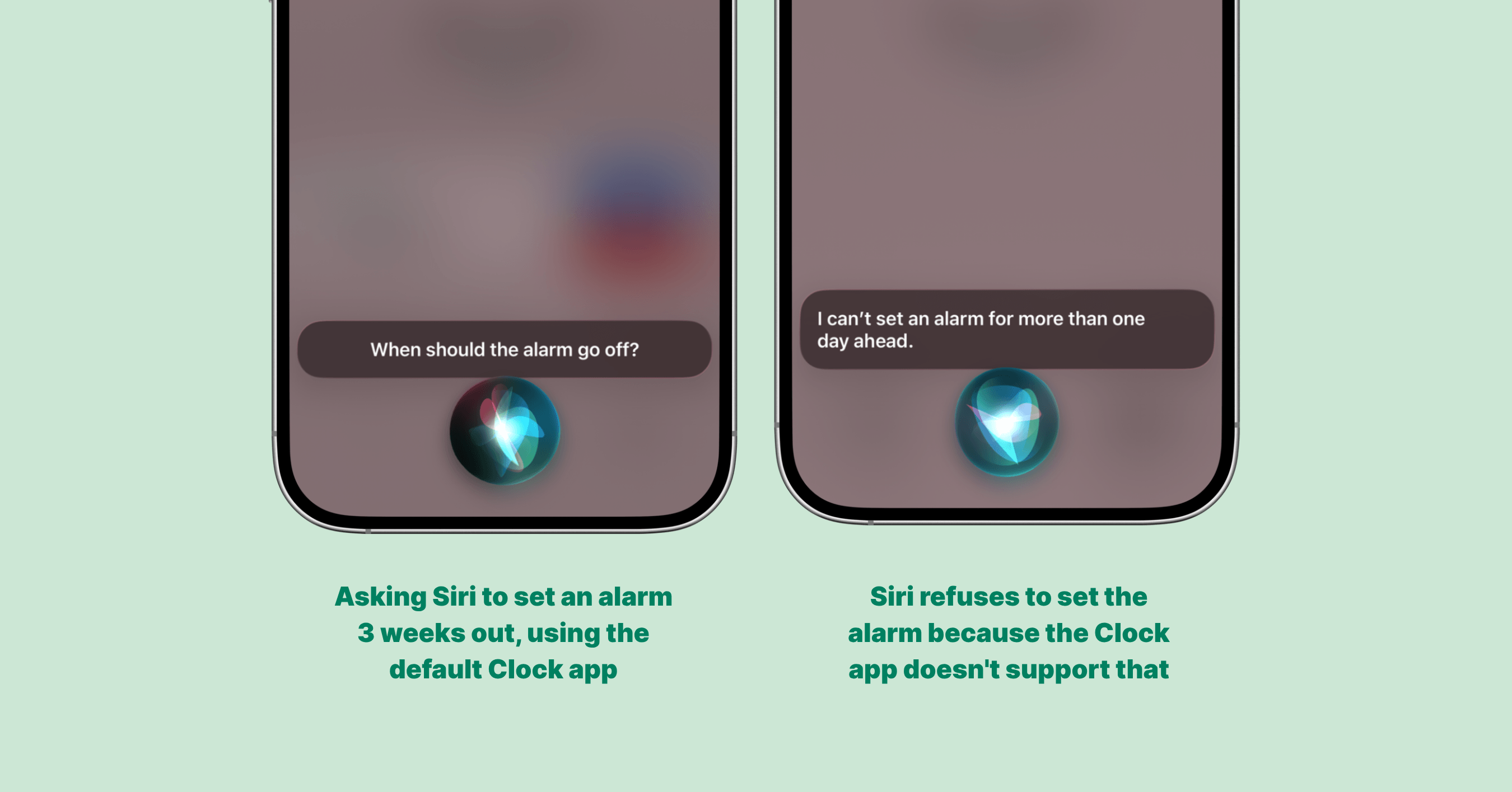 Siri cannot set a future date alarm several weeks out in the default Clock app